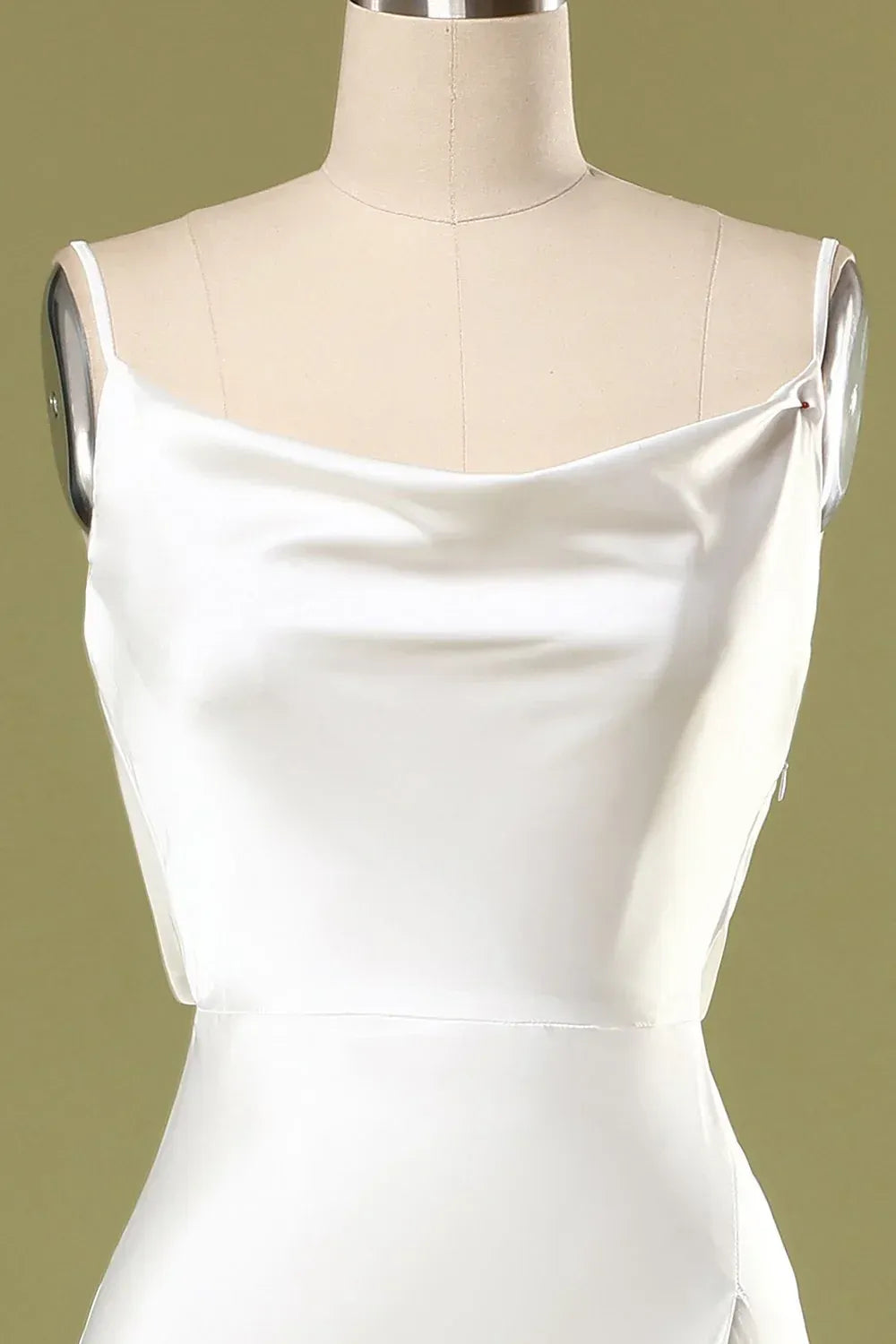 Adjustable Thin Spaghetti Strap Cowl Draped High Slit Gloss Satin Mermaid Wedding Dress With Train