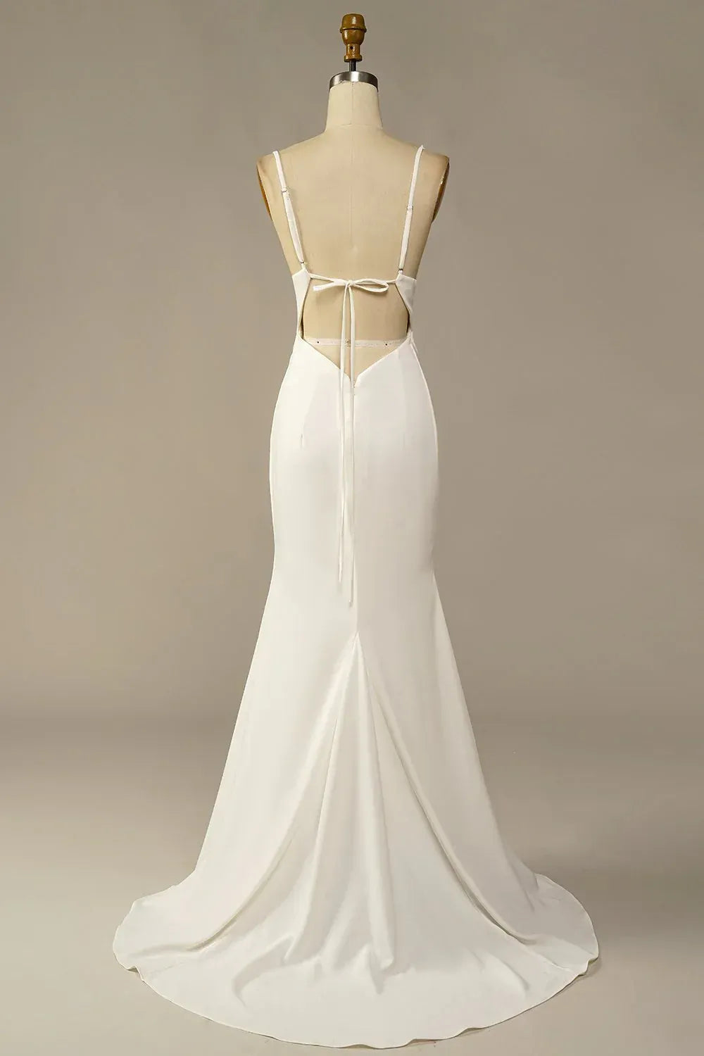 Adjustable Thin Spaghetti Strap Cowl Ruched Tie Open Back Soft Satin Mermaid Wedding Dress With Train