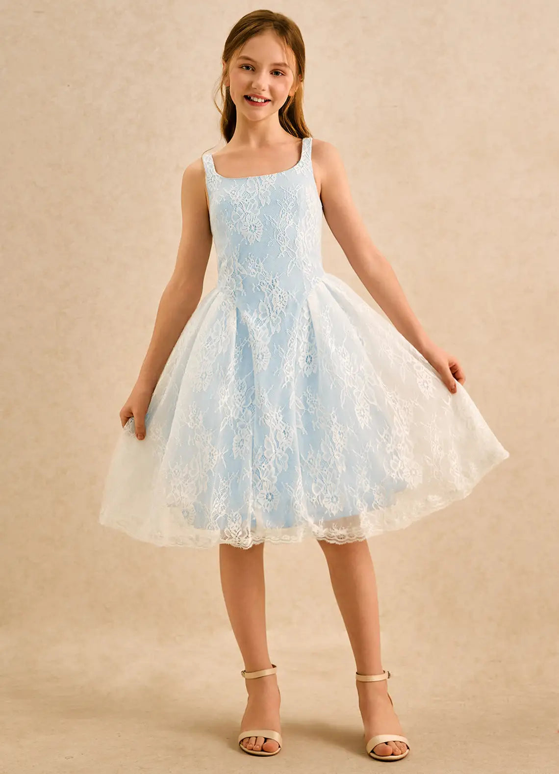 Adjustable Spaghetti Strap Square V-Back White Floral Lace Light Blue Tulle Knee-Length Junior Bridesmaid Dresses