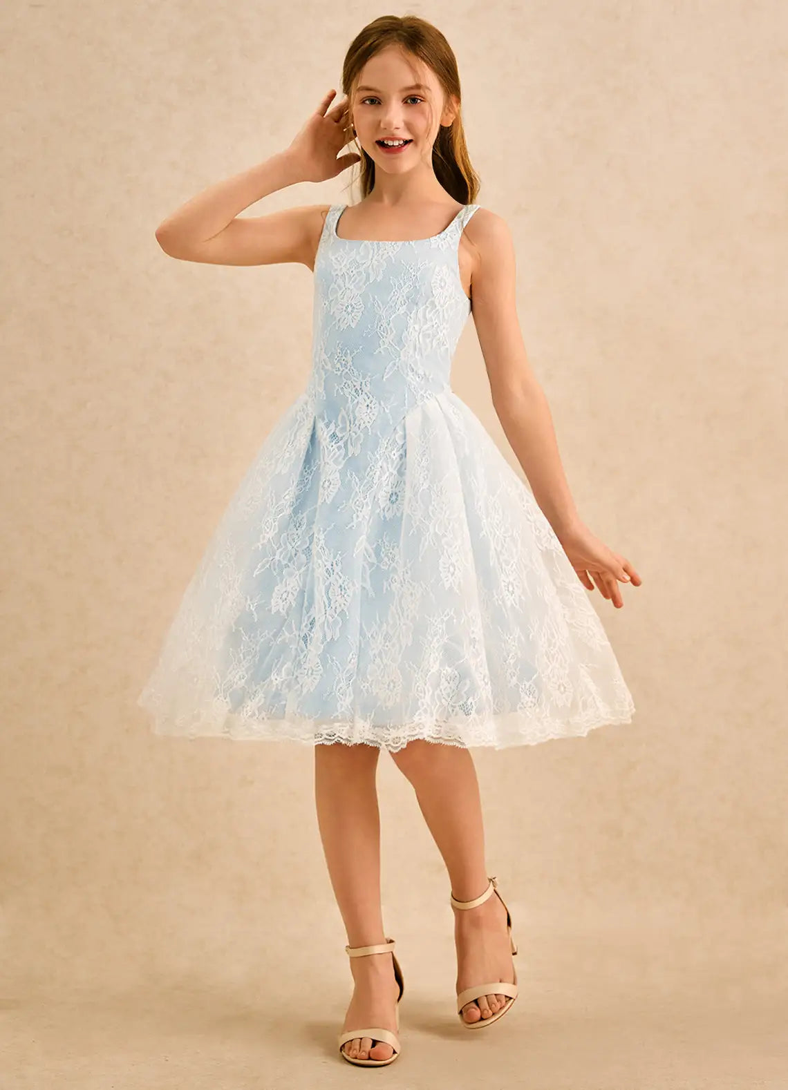 Adjustable Spaghetti Strap Square V-Back White Floral Lace Light Blue Tulle Knee-Length Junior Bridesmaid Dresses