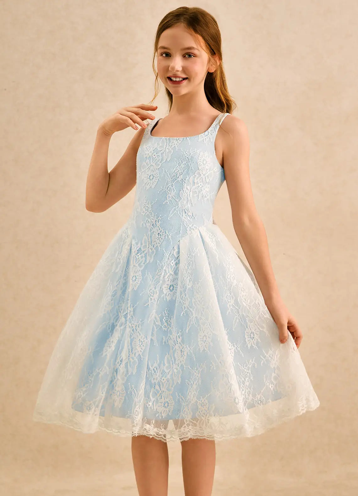 Adjustable Spaghetti Strap Square V-Back White Floral Lace Light Blue Tulle Knee-Length Junior Bridesmaid Dresses