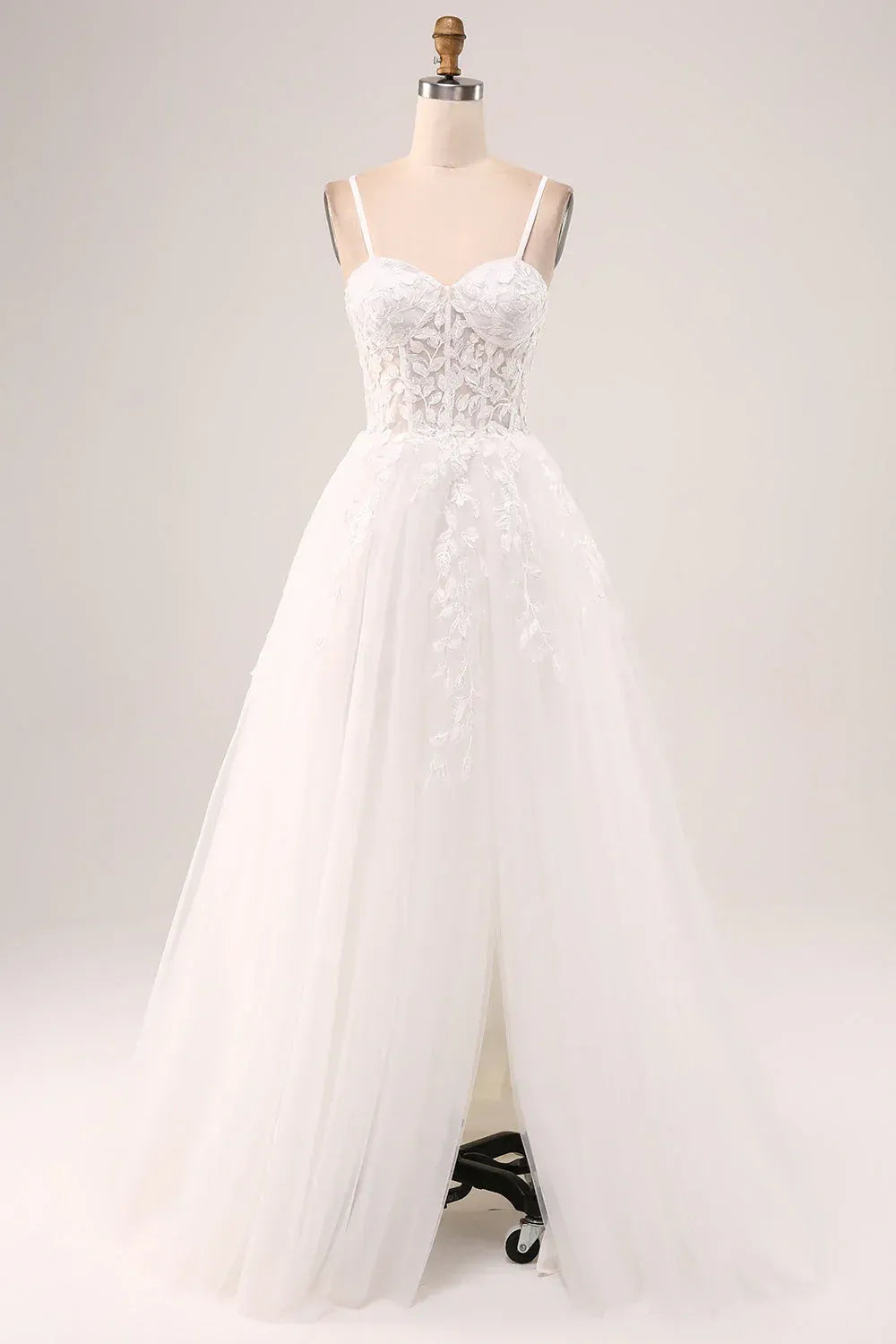 Adjustable Thin Spaghetti Strap Sweetheart 3D Leaf Lace High Slit Tulle A-Line Wedding Dress With Train