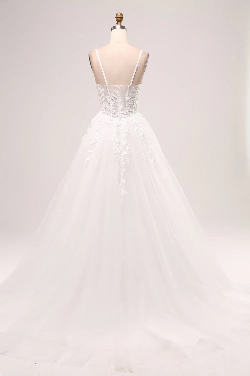 Adjustable Thin Spaghetti Strap Sweetheart 3D Leaf Lace High Slit Tulle A-Line Wedding Dress With Train