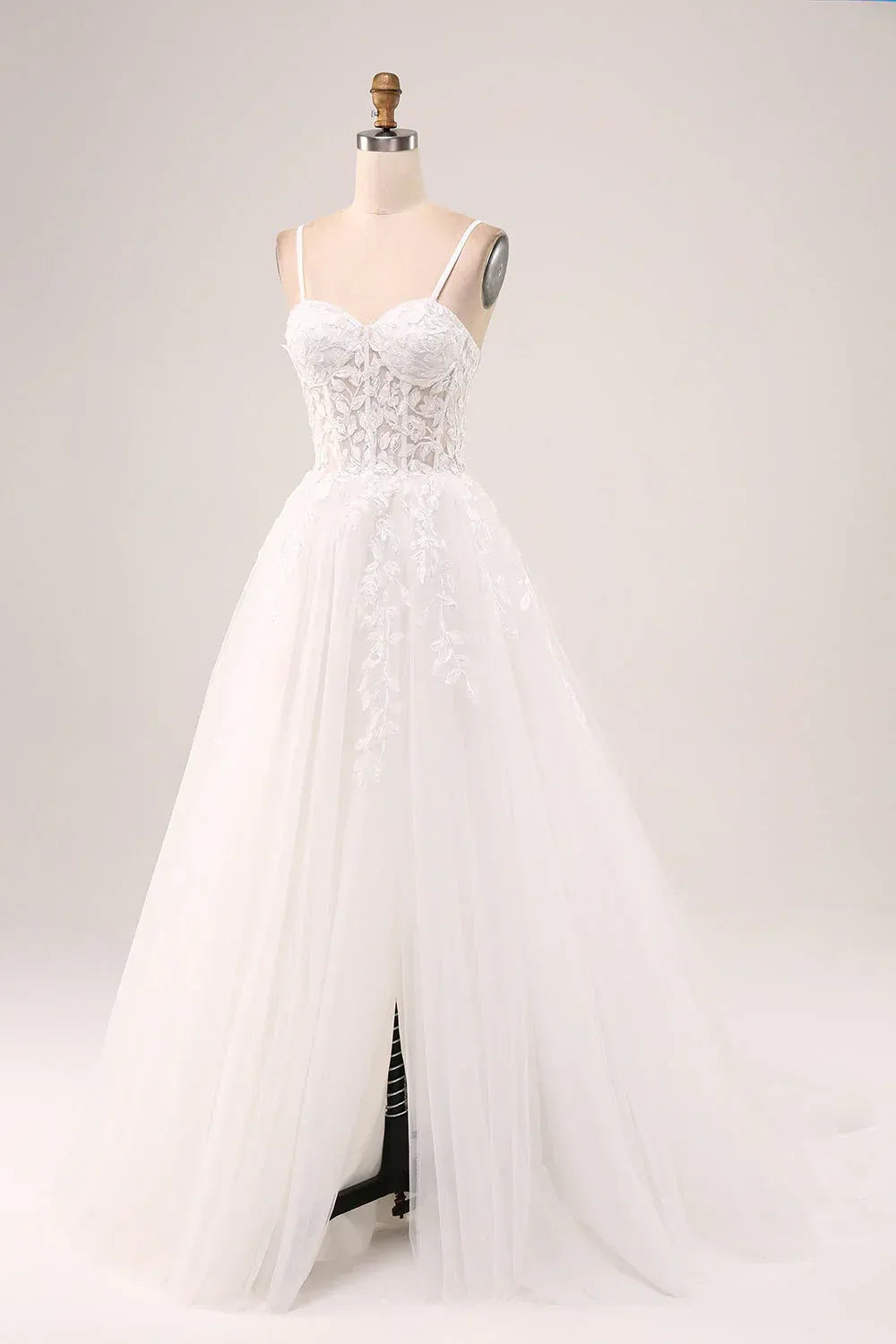 Adjustable Thin Spaghetti Strap Sweetheart 3D Leaf Lace High Slit Tulle A-Line Wedding Dress With Train