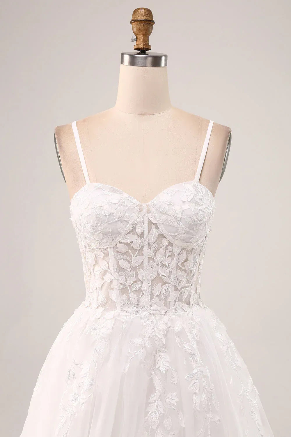 Adjustable Thin Spaghetti Strap Sweetheart 3D Leaf Lace High Slit Tulle A-Line Wedding Dress With Train