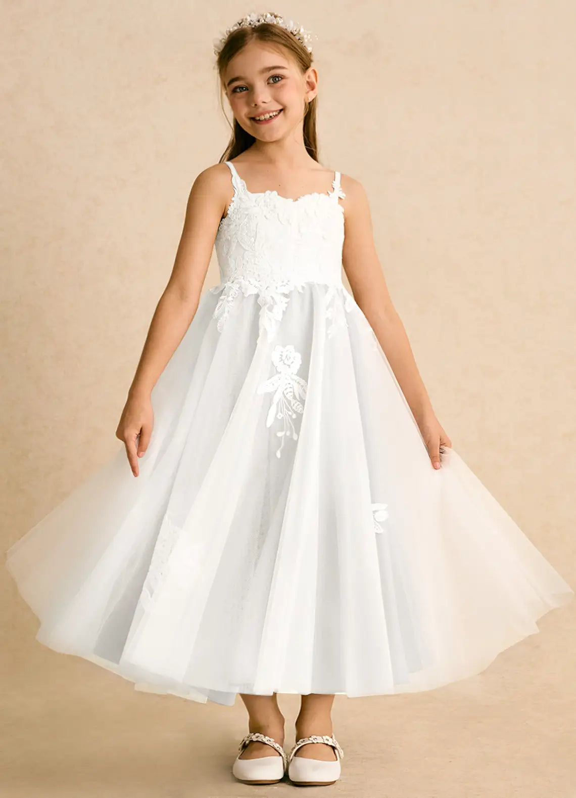 Adjustable Thin Spaghetti Strap V-Back 3D Floral Lace White Tulle Midi Flower Girl Dresses