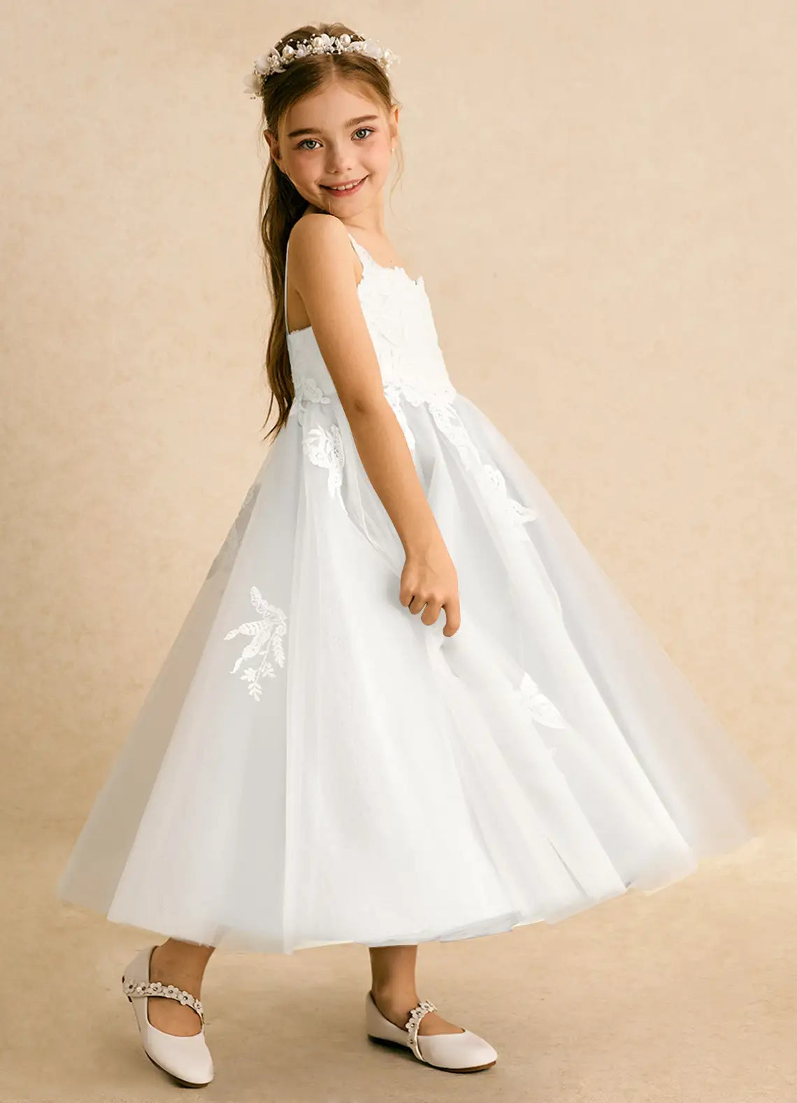 Adjustable Thin Spaghetti Strap V-Back 3D Floral Lace White Tulle Midi Flower Girl Dresses