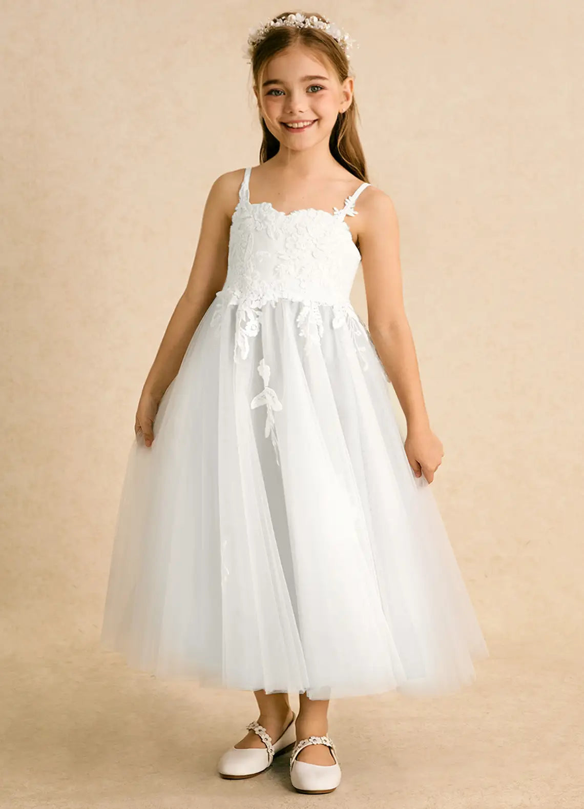 Adjustable Thin Spaghetti Strap V-Back 3D Floral Lace White Tulle Midi Flower Girl Dresses