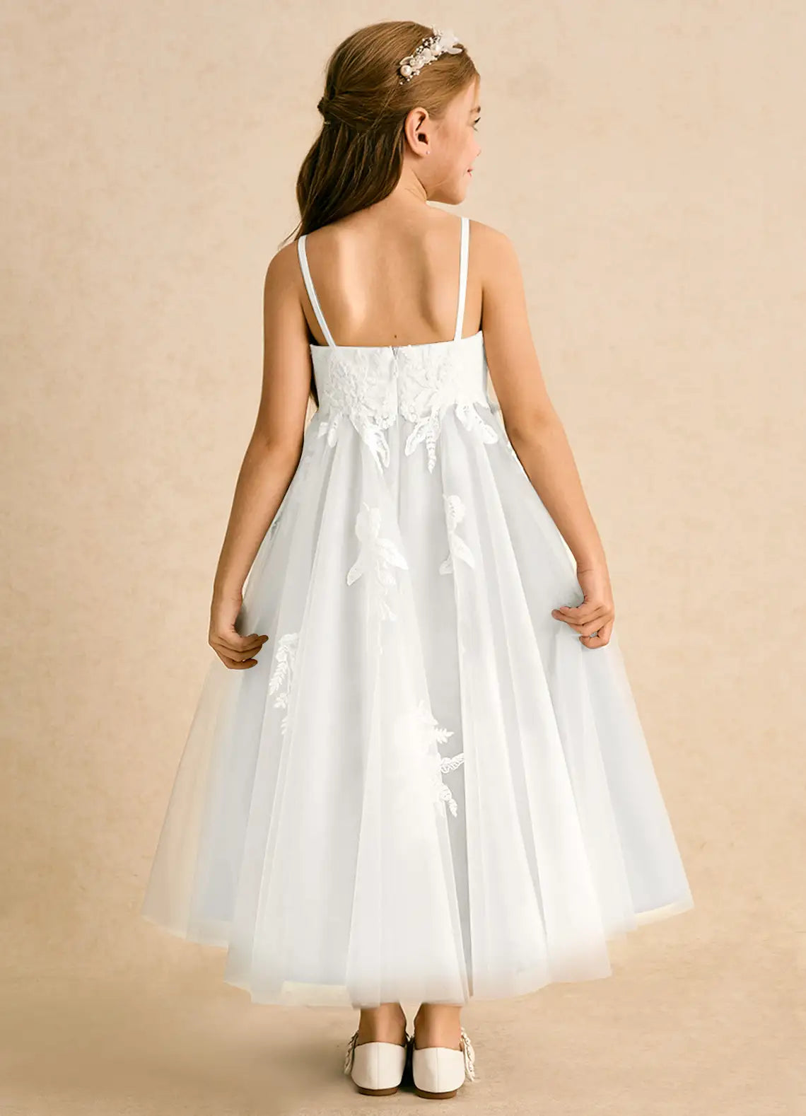 Adjustable Thin Spaghetti Strap V-Back 3D Floral Lace White Tulle Midi Flower Girl Dresses