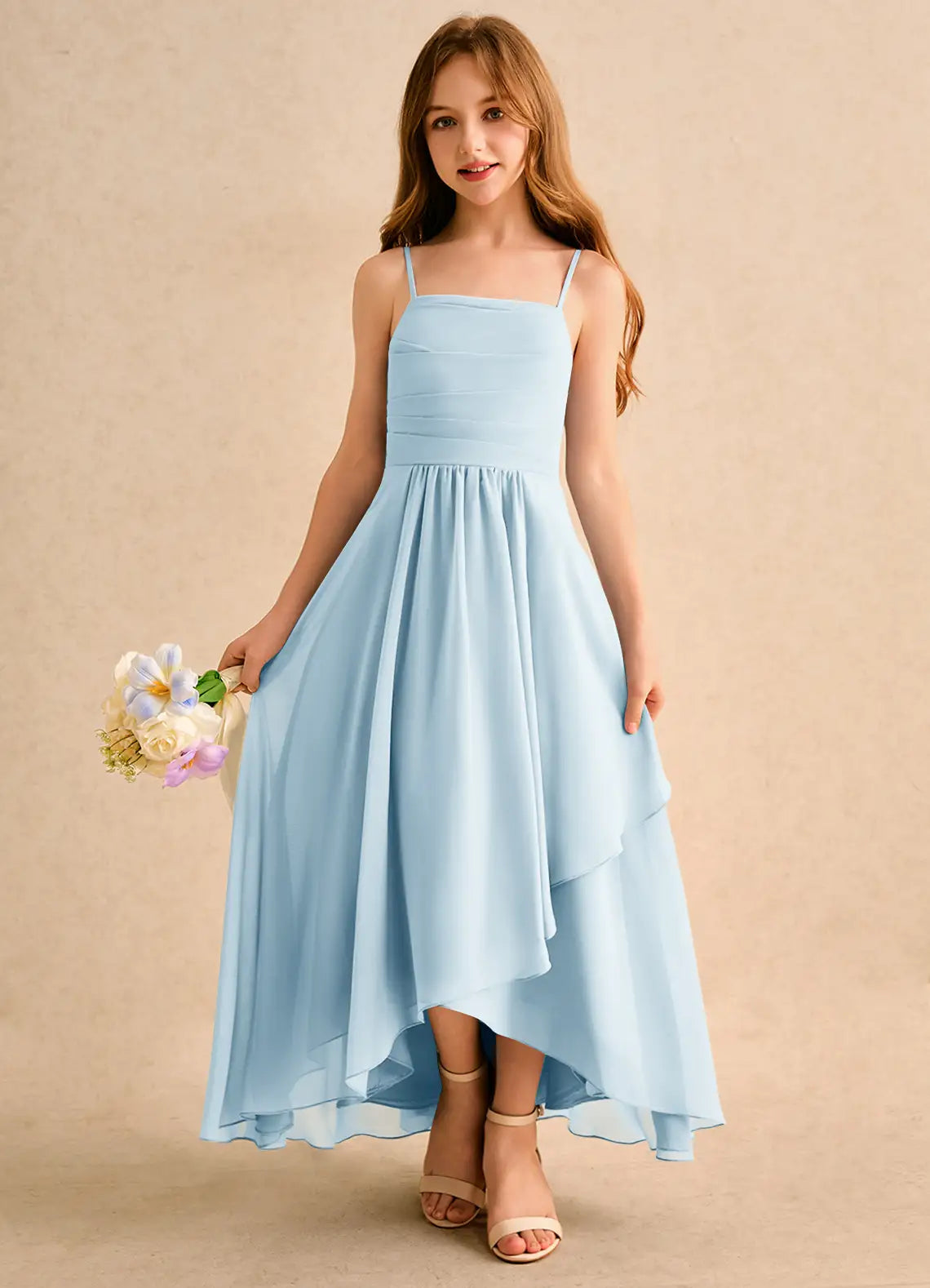 Adjustable Spaghetti Strap Square Back High Low Layer Skirt Light Blue Chiffon Junior Bridesmaid Dresses