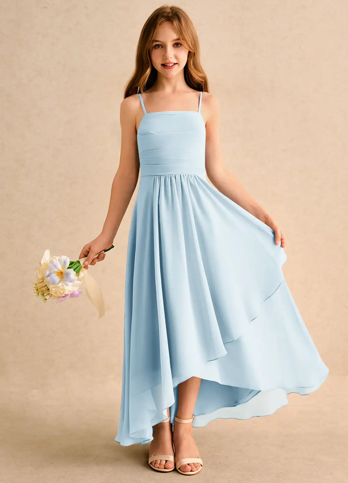 Adjustable Spaghetti Strap Square Back High Low Layer Skirt Light Blue Chiffon Junior Bridesmaid Dresses
