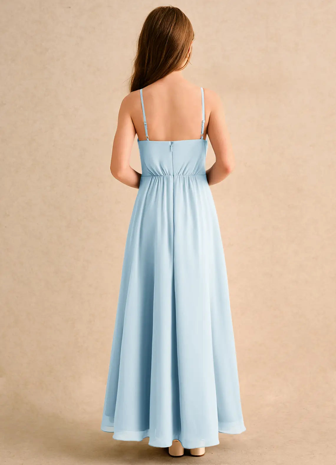Adjustable Spaghetti Strap Square Back High Low Layer Skirt Light Blue Chiffon Junior Bridesmaid Dresses