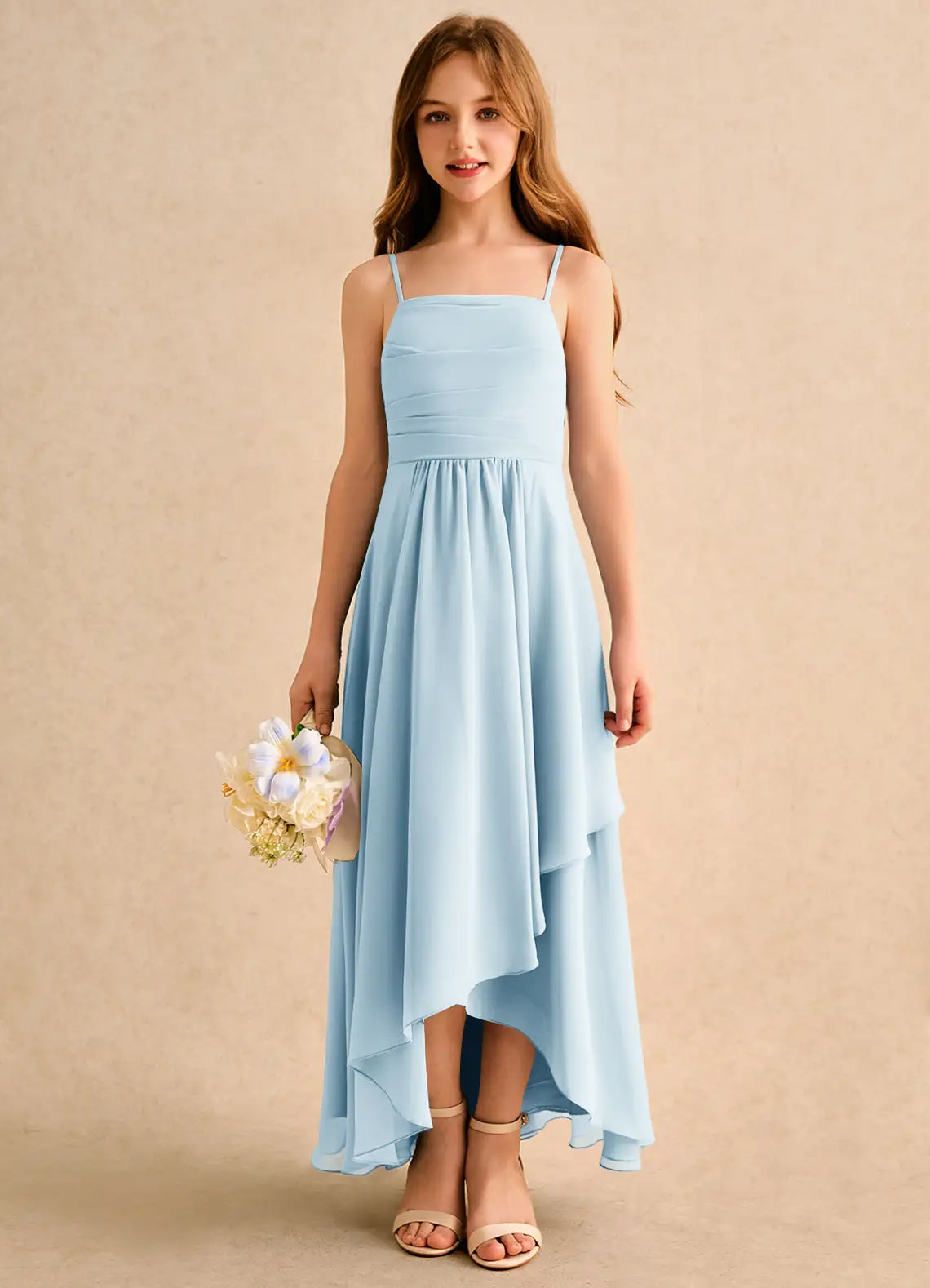 Adjustable Spaghetti Strap Square Back High Low Layer Skirt Light Blue Chiffon Junior Bridesmaid Dresses