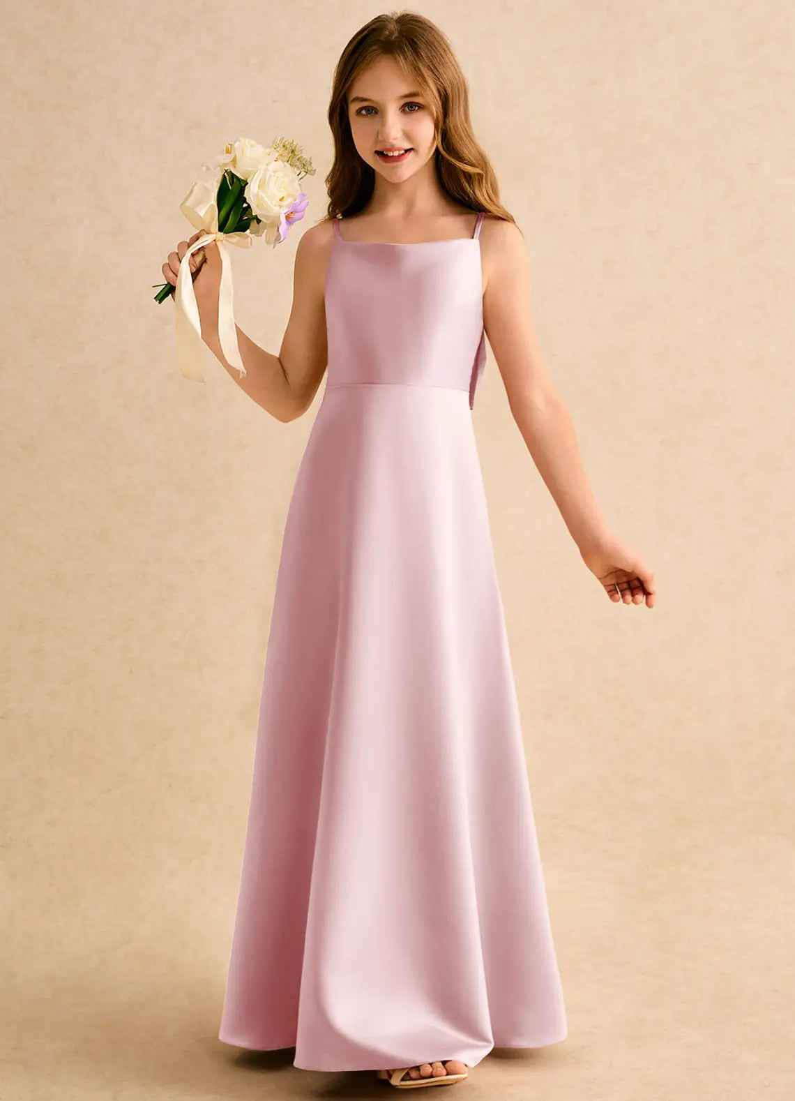 Adjustable Spaghetti Strap Square V-Back Giant Long Bow Dusty Pink Satin Full Length Junior Bridesmaid Dresses