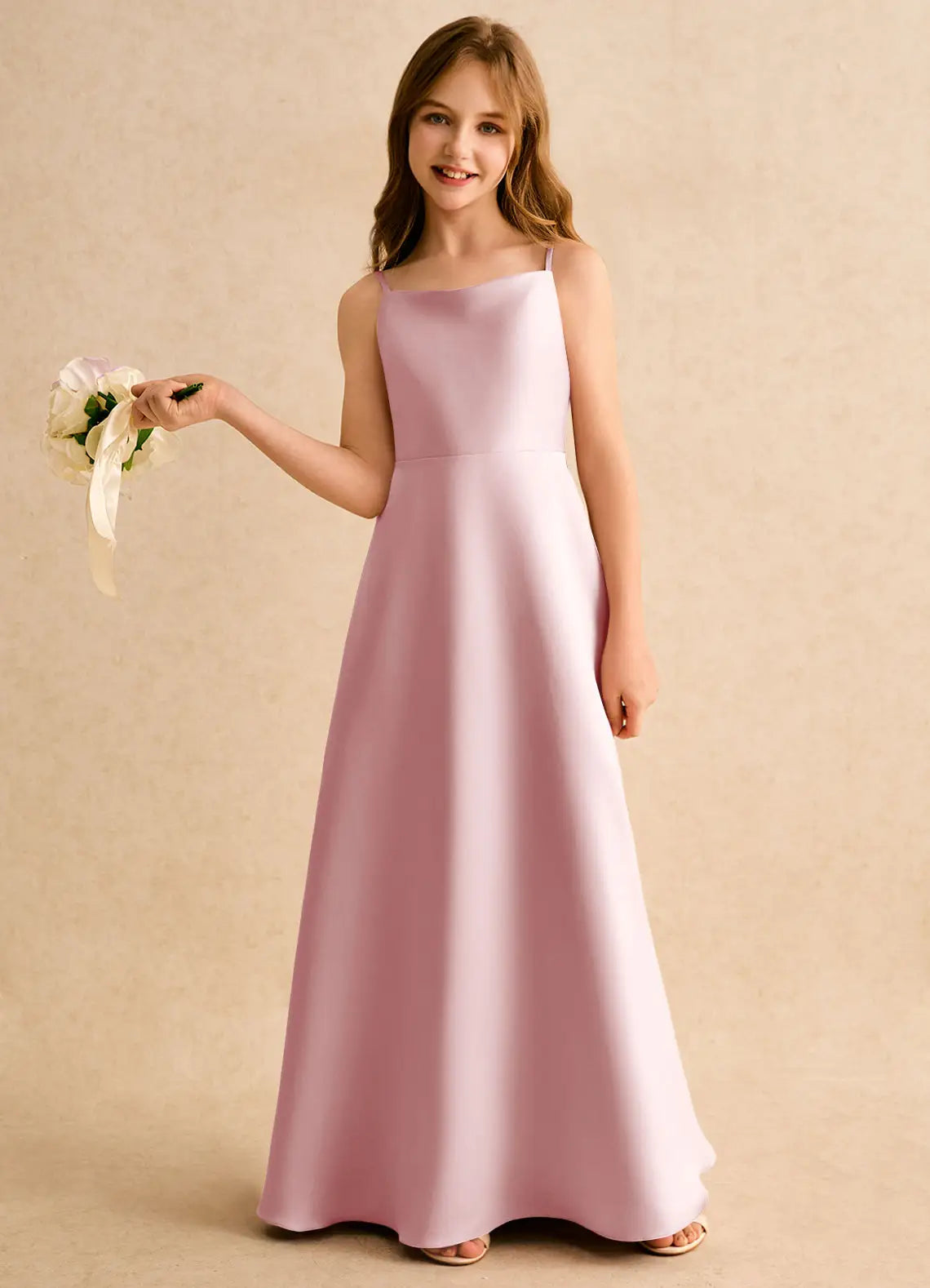 Adjustable Spaghetti Strap Square V-Back Giant Long Bow Dusty Pink Satin Full Length Junior Bridesmaid Dresses