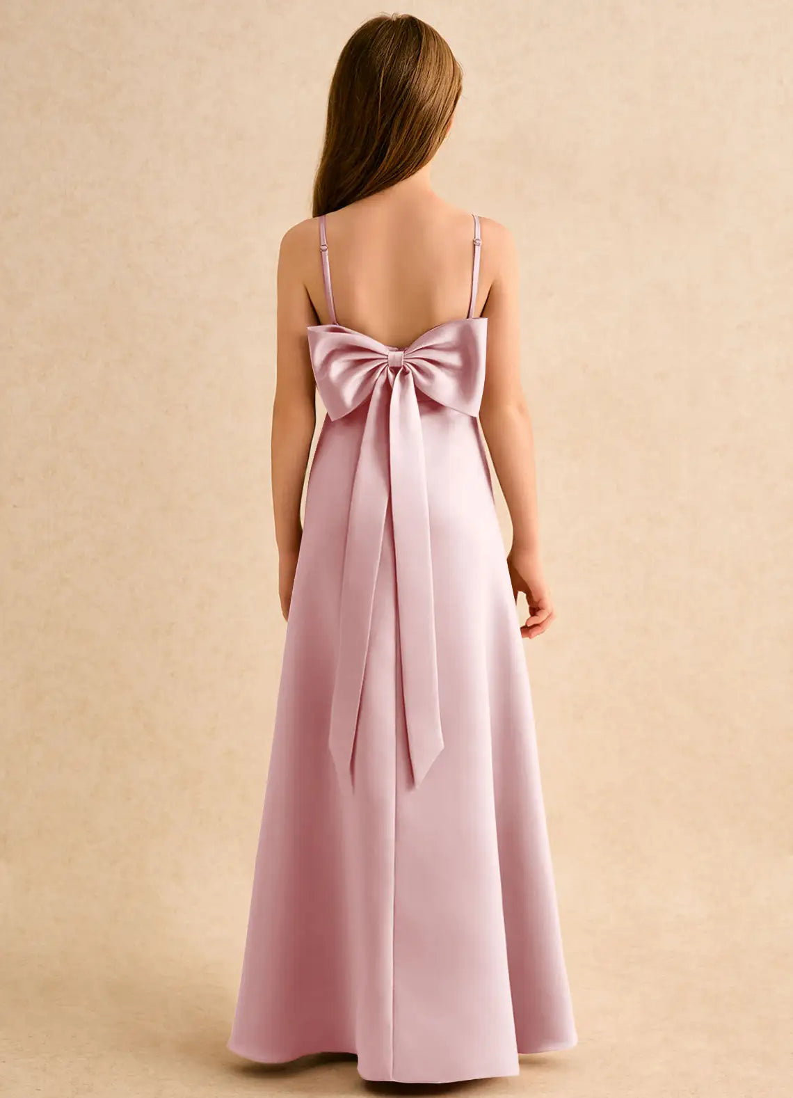 Adjustable Spaghetti Strap Square V-Back Giant Long Bow Dusty Pink Satin Full Length Junior Bridesmaid Dresses