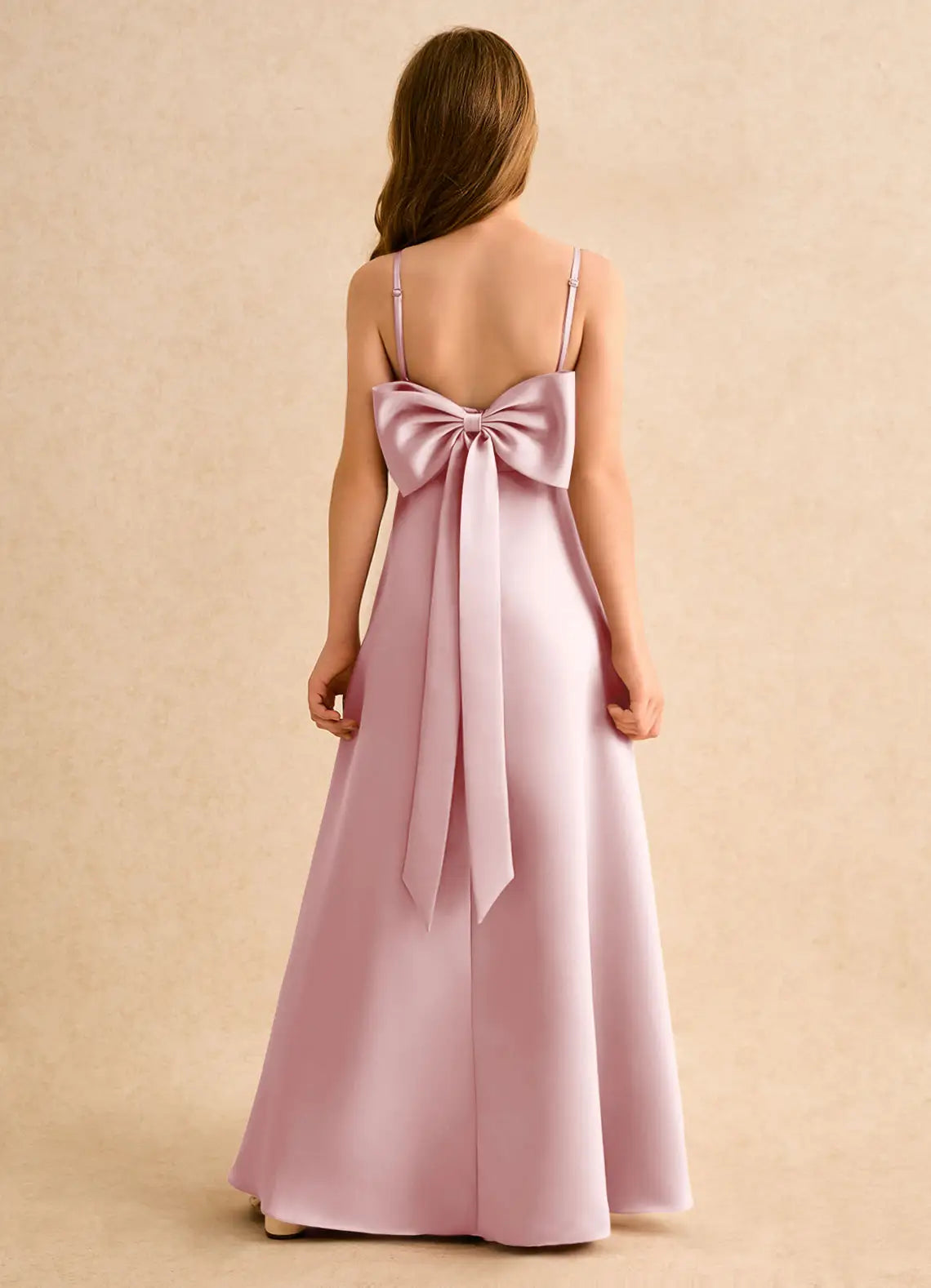 Adjustable Spaghetti Strap Square V-Back Giant Long Bow Dusty Pink Satin Full Length Junior Bridesmaid Dresses