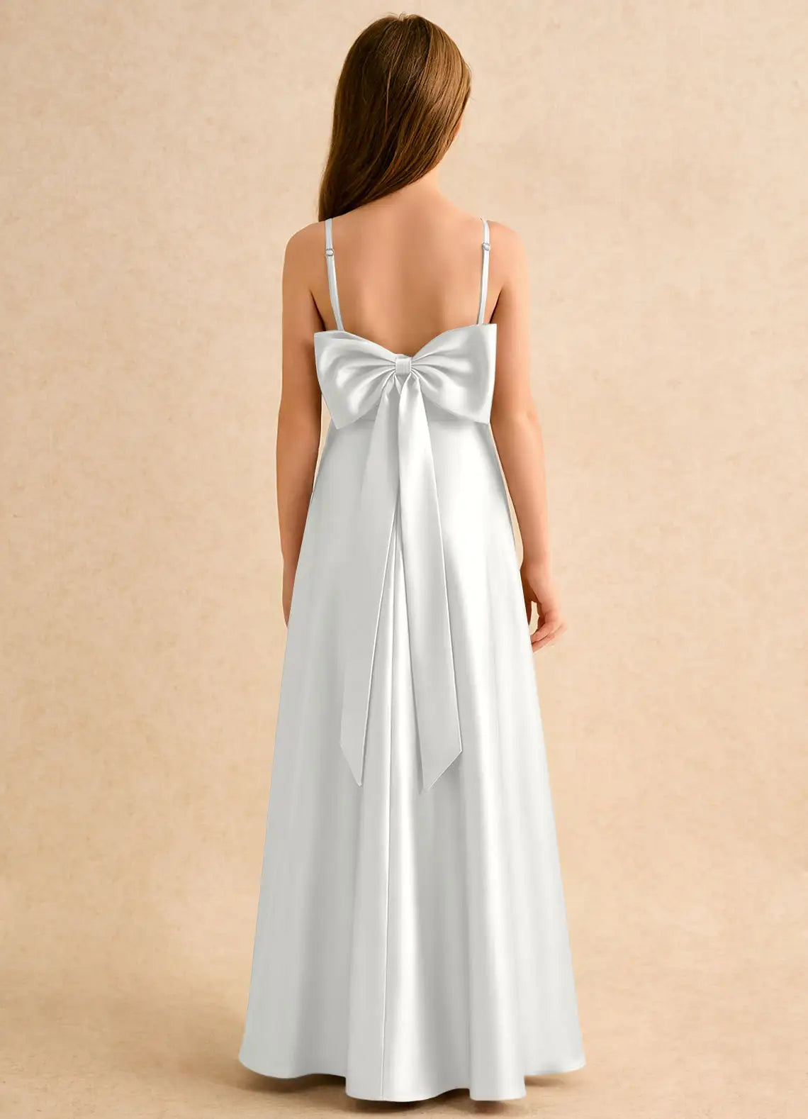 Adjustable Thin Strap U-Back Giant Satin Bow White Satin Full Length Junior Bridesmaid Dresses