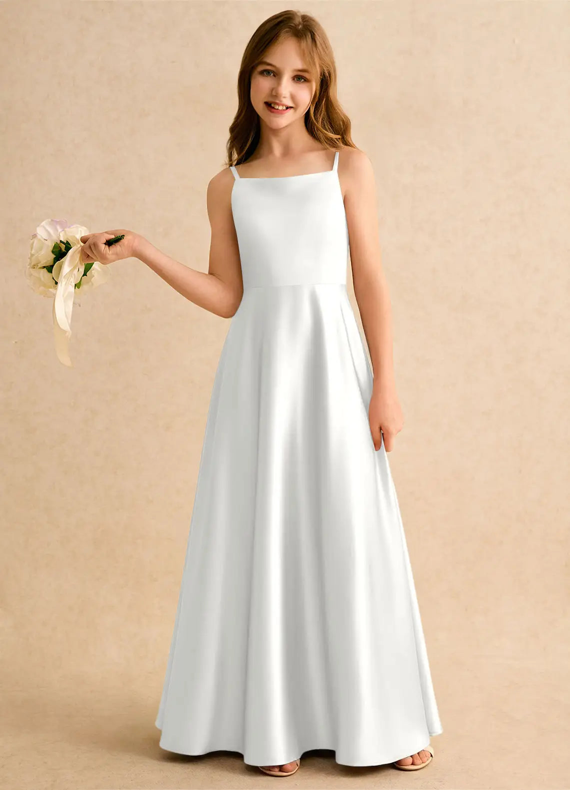 Adjustable Thin Strap U-Back Giant Satin Bow White Satin Full Length Junior Bridesmaid Dresses