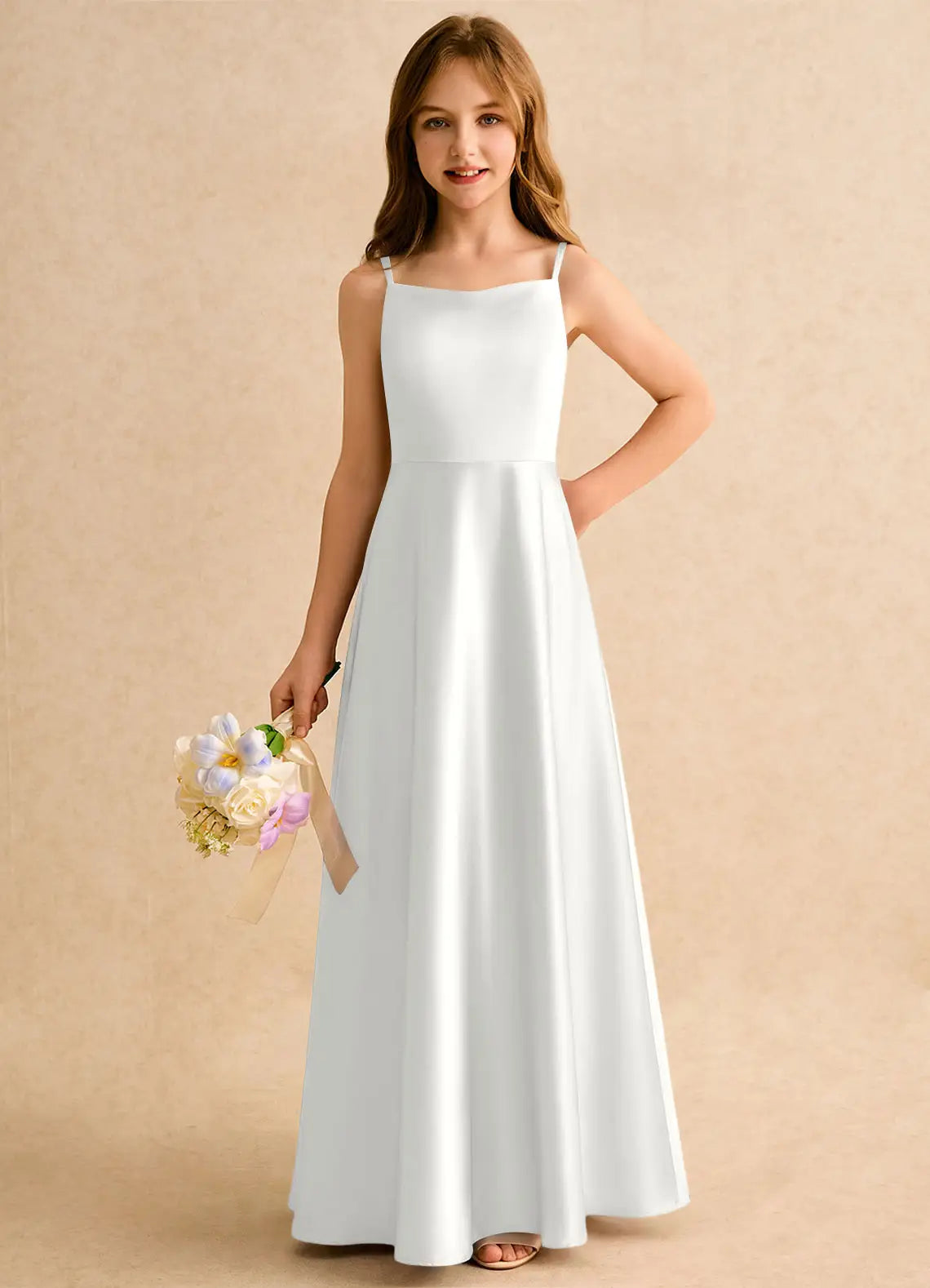 Adjustable Thin Strap U-Back Giant Satin Bow White Satin Full Length Junior Bridesmaid Dresses