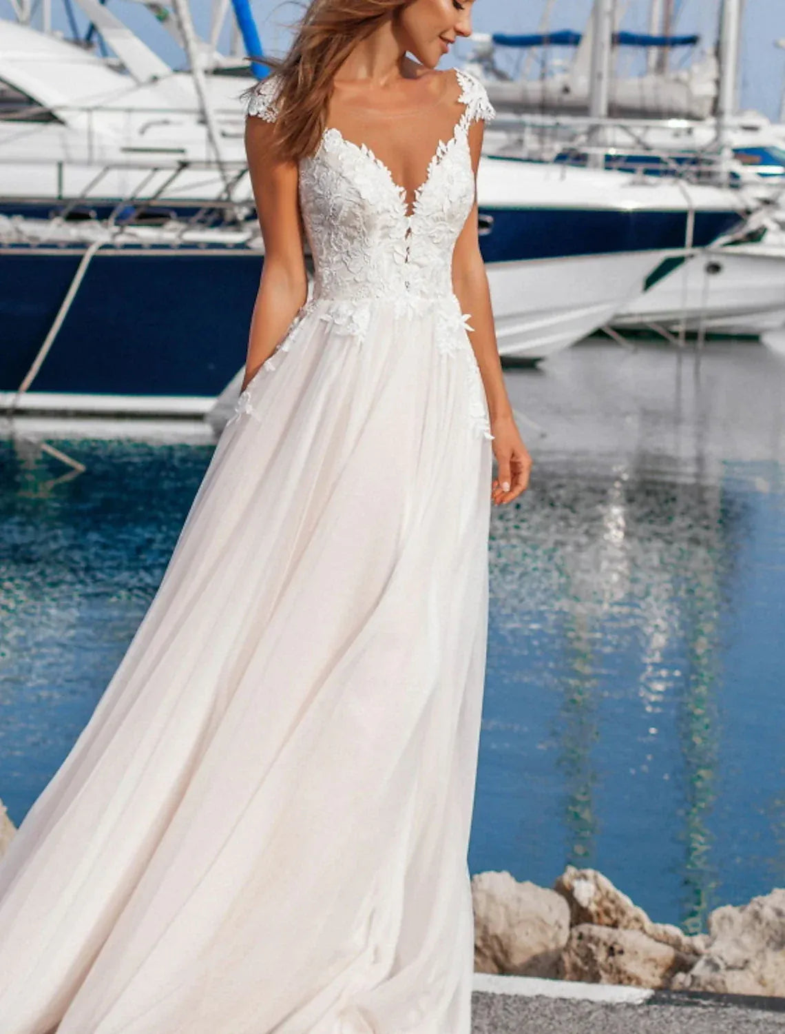 Airy A-Line Plunge V Cap Sleeve Illusion Back Floor Wedding Dress