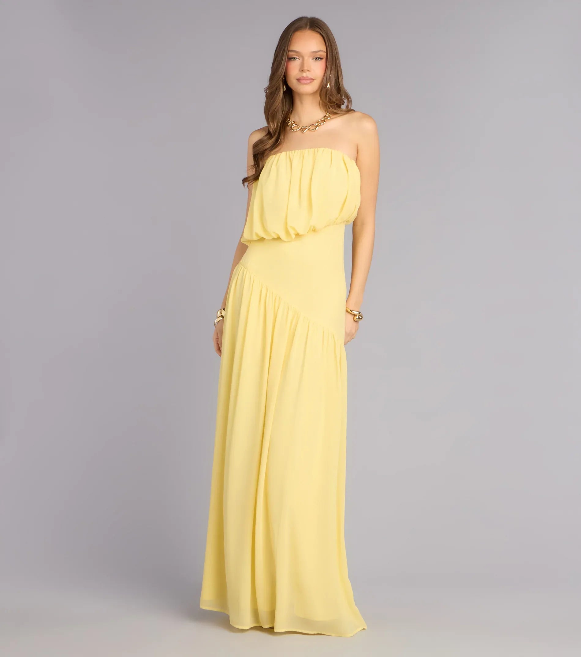 Airy A-Line Strapless Solid-Back Asymmetrical Maxi Wedding Guest Dress