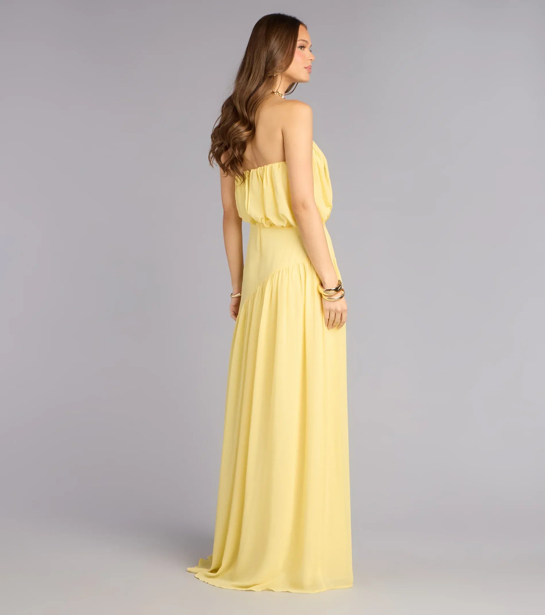 Airy A-Line Strapless Solid-Back Asymmetrical Maxi Wedding Guest Dress