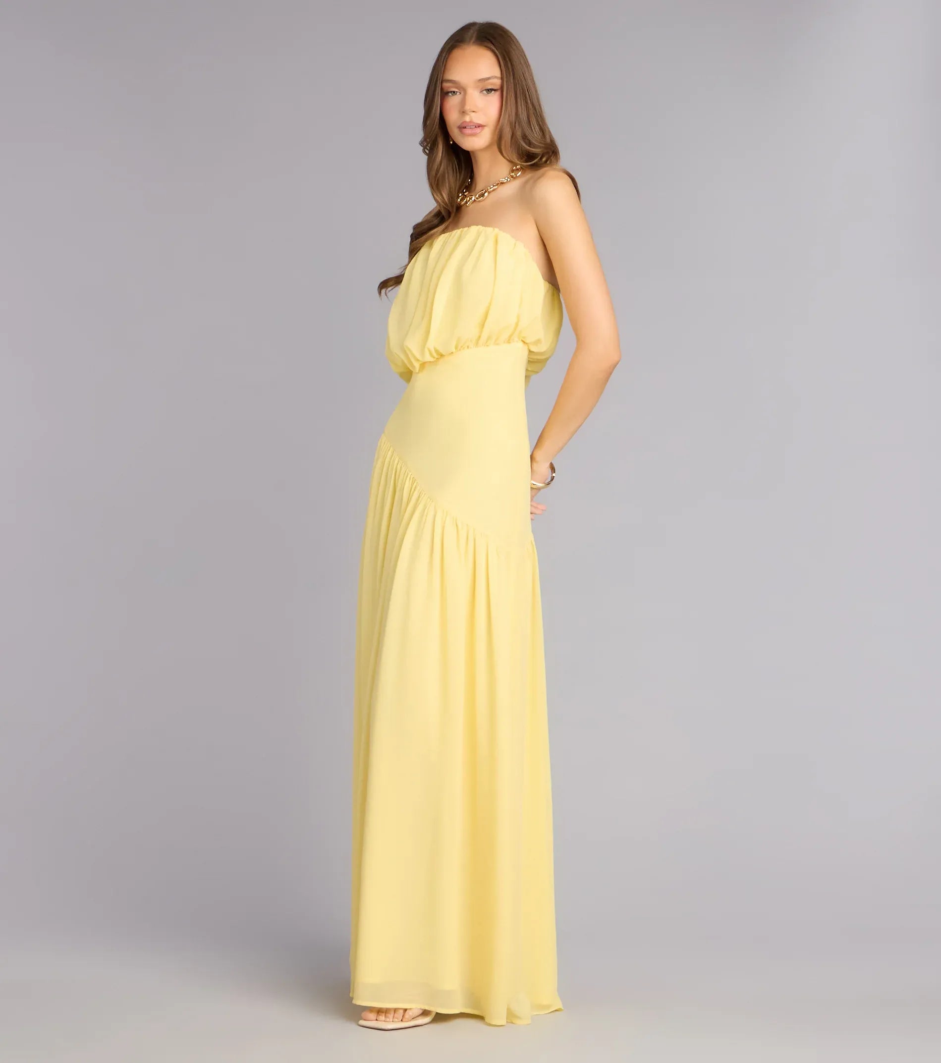 Airy A-Line Strapless Solid-Back Asymmetrical Maxi Wedding Guest Dress