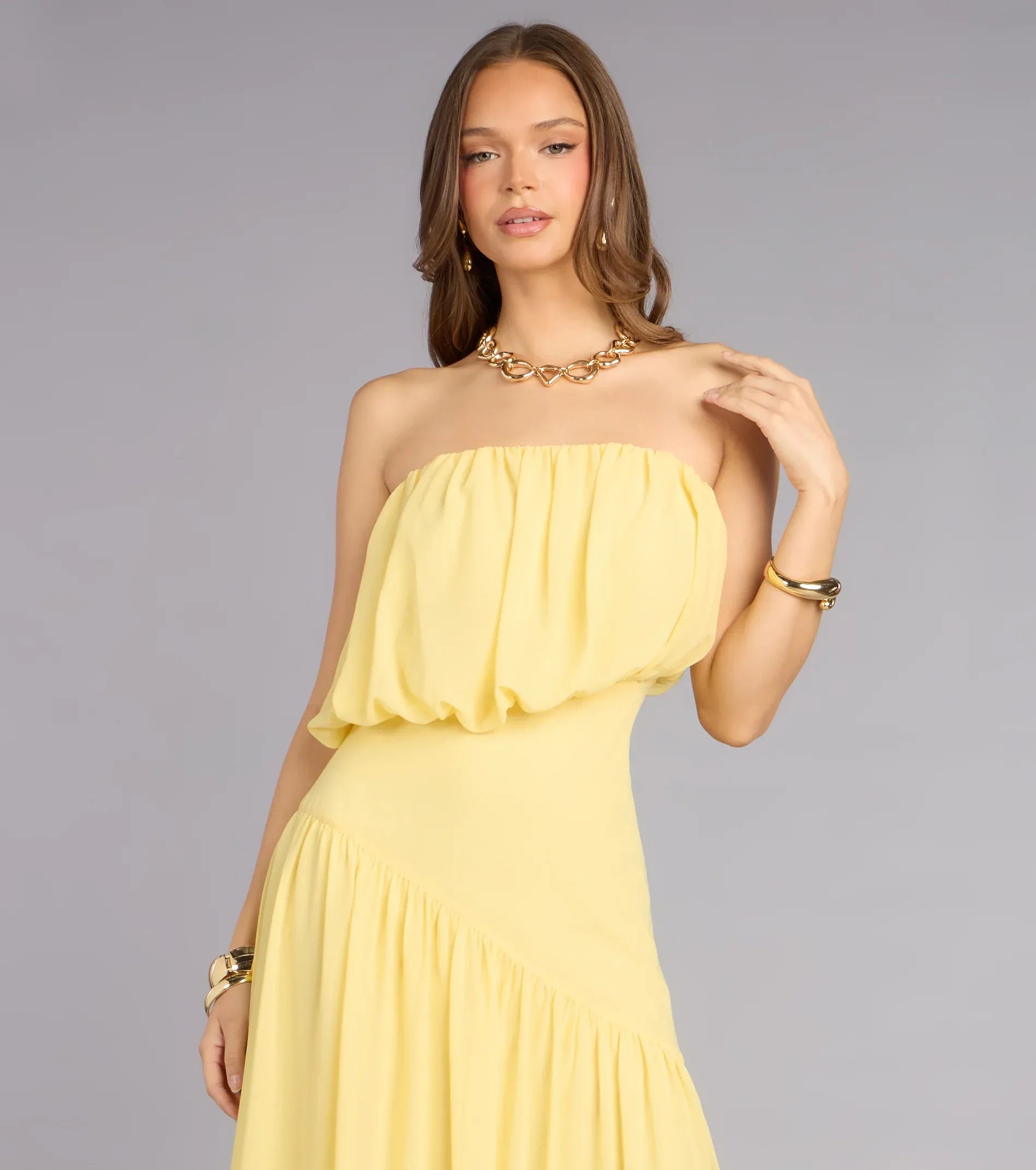 Airy A-Line Strapless Solid-Back Asymmetrical Maxi Wedding Guest Dress