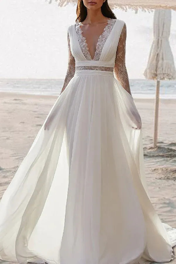 Airy Deep V-Neck Long-Sleeve A-Line Floor-Length Wedding Dress