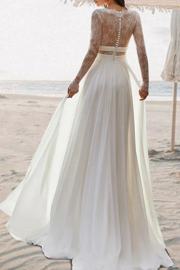 Airy Deep V-Neck Long-Sleeve A-Line Floor-Length Wedding Dress