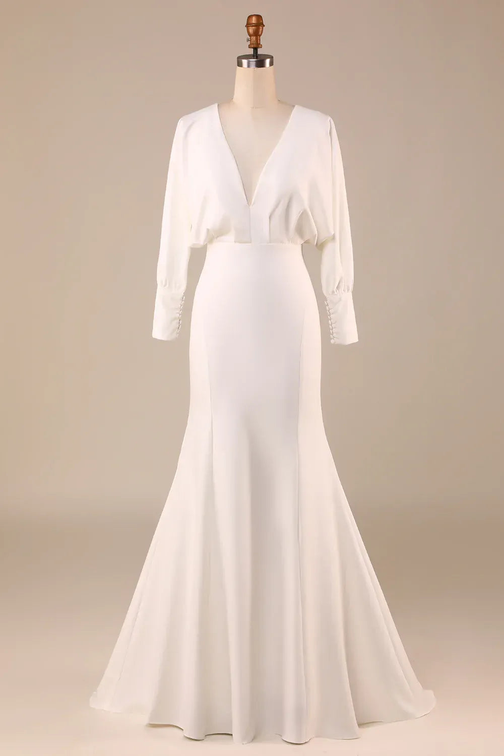 Airy Dolman Sleeve Deep V Matte Crepe Mermaid Wedding Dress With Tie-Back Cutout Sweep Train