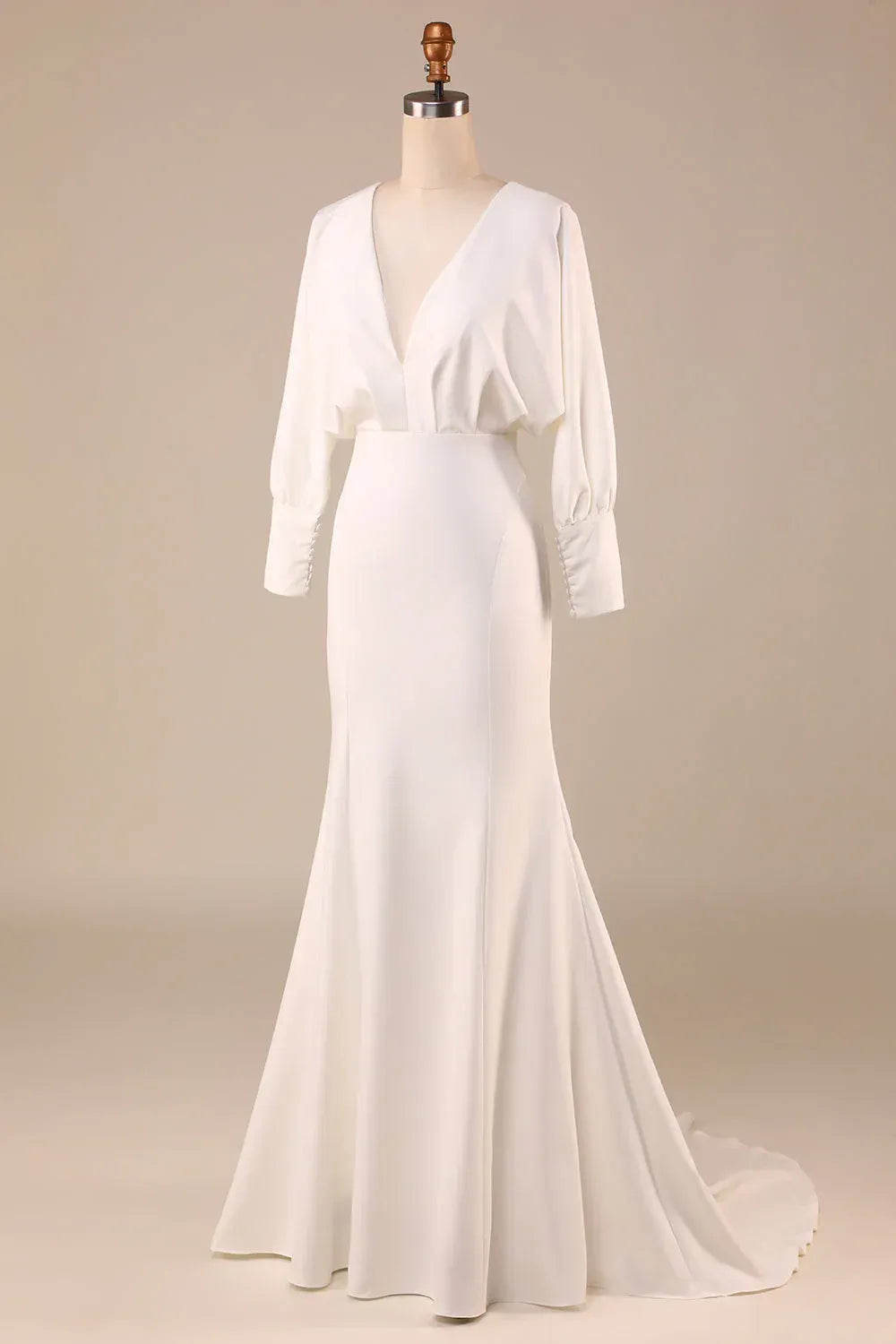 Airy Dolman Sleeve Deep V Matte Crepe Mermaid Wedding Dress With Tie-Back Cutout Sweep Train