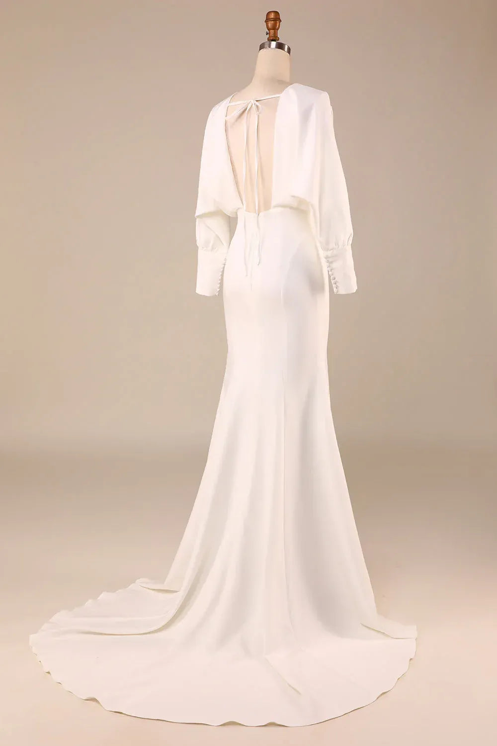 Airy Dolman Sleeve Deep V Matte Crepe Mermaid Wedding Dress With Tie-Back Cutout Sweep Train