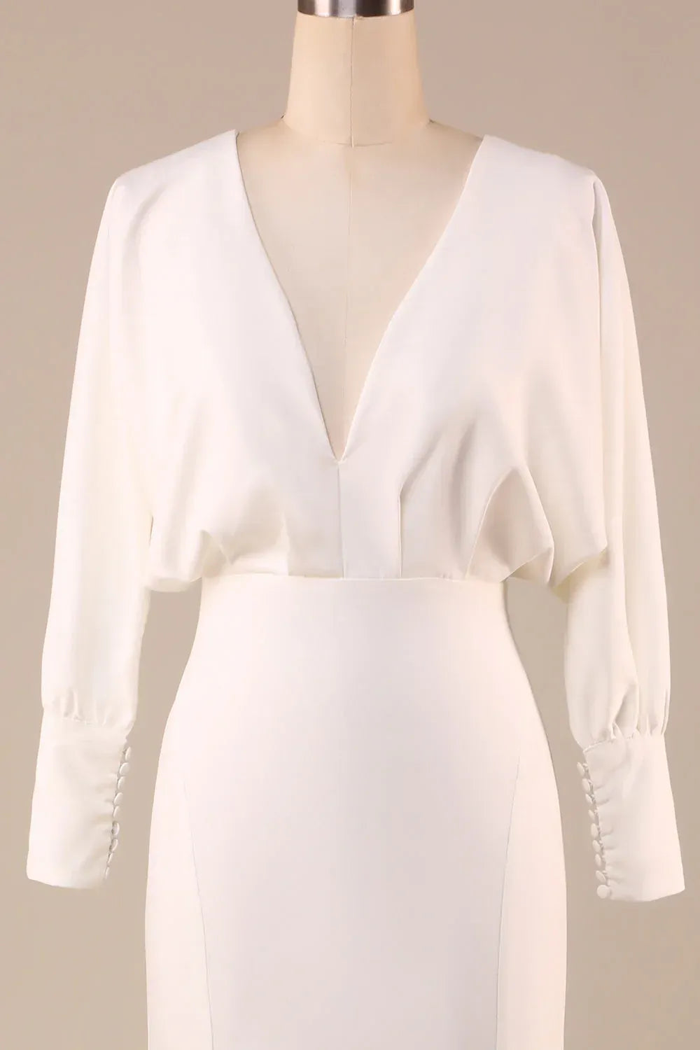 Airy Dolman Sleeve Deep V Matte Crepe Mermaid Wedding Dress With Tie-Back Cutout Sweep Train