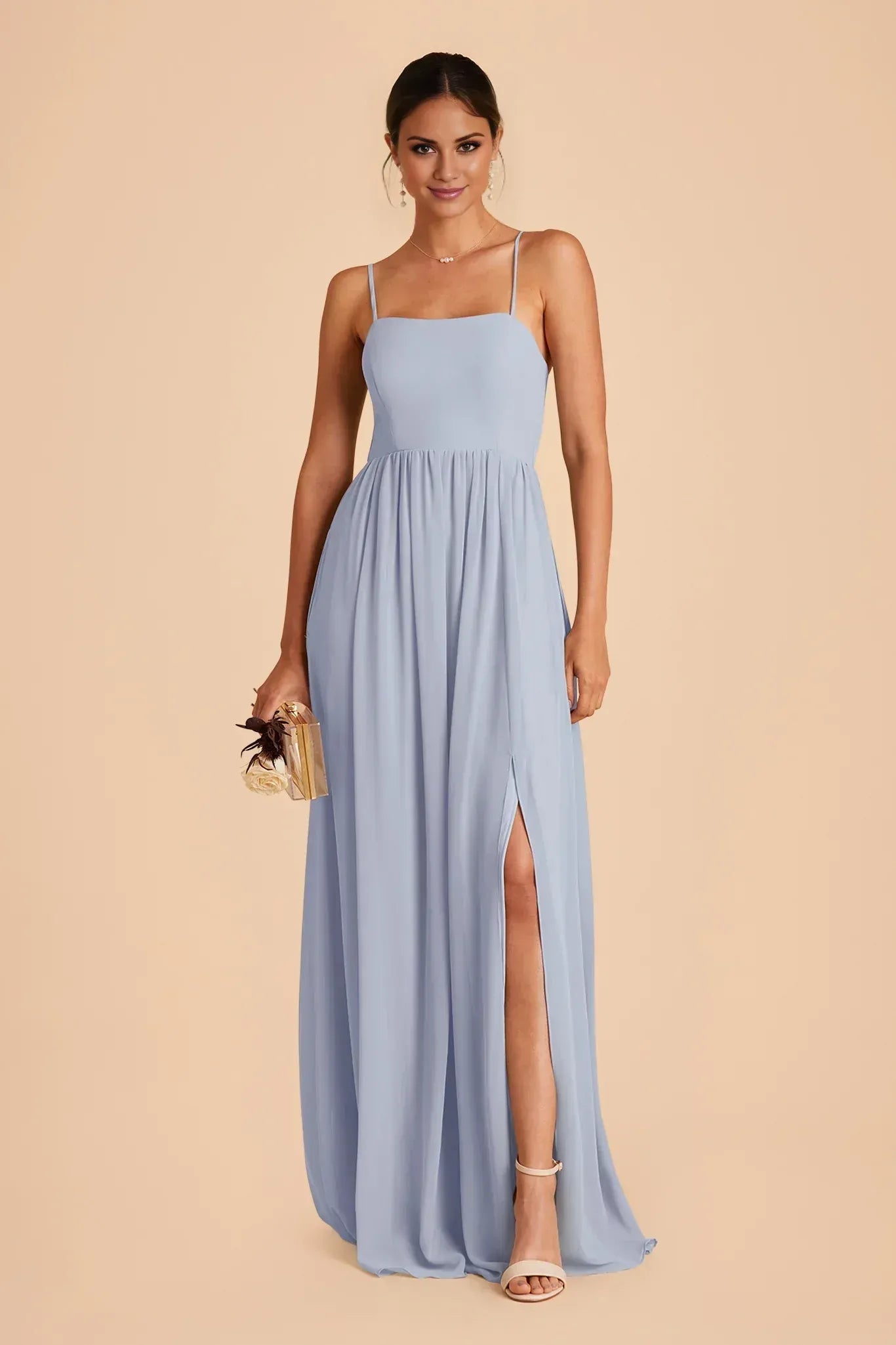 Airy Empire Square Neck Spaghetti Strap Low Back Maxi Wedding Bridesmaid Dress