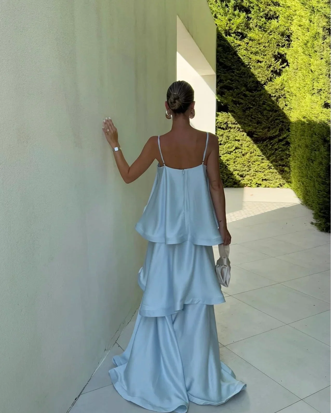 Airy Floor-Length Square-Neck Spaghetti-Strap Tiered Wedding Guest Dress