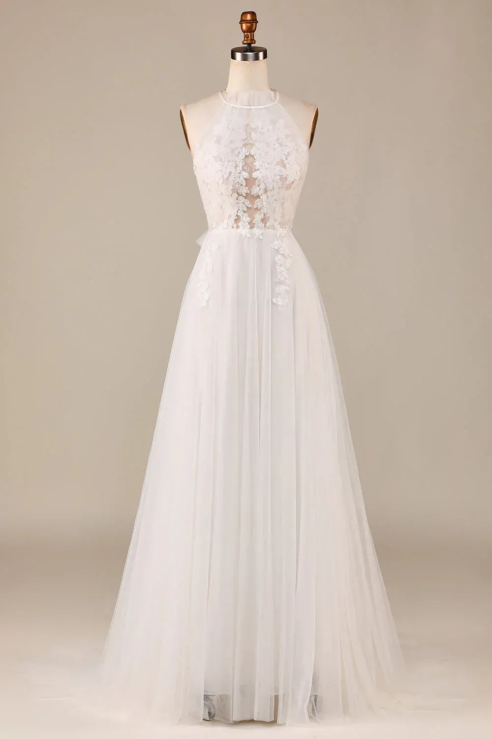 Airy Ruffled Halter Keyhole Floral Lace A-Line Wedding Dress With Wrap Bow Back Soft Chapel Train
