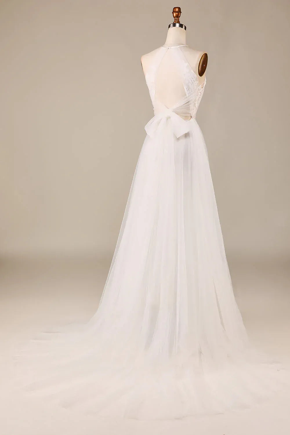 Airy Ruffled Halter Keyhole Floral Lace A-Line Wedding Dress With Wrap Bow Back Soft Chapel Train