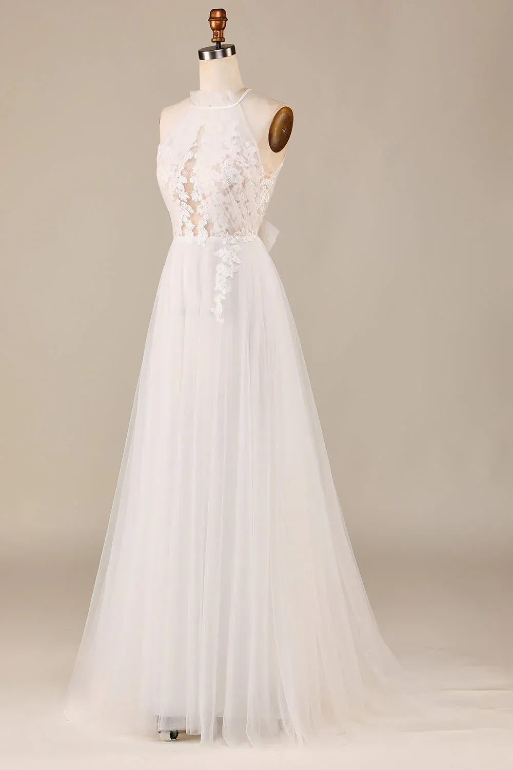 Airy Ruffled Halter Keyhole Floral Lace A-Line Wedding Dress With Wrap Bow Back Soft Chapel Train