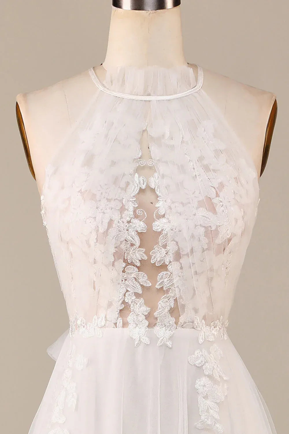 Airy Ruffled Halter Keyhole Floral Lace A-Line Wedding Dress With Wrap Bow Back Soft Chapel Train