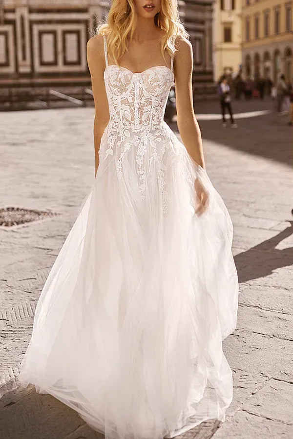 Airy Spaghetti Strap Sweetheart Lace A-Line Floor-Length Wedding Dress