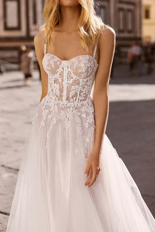Airy Spaghetti Strap Sweetheart Lace A-Line Floor-Length Wedding Dress