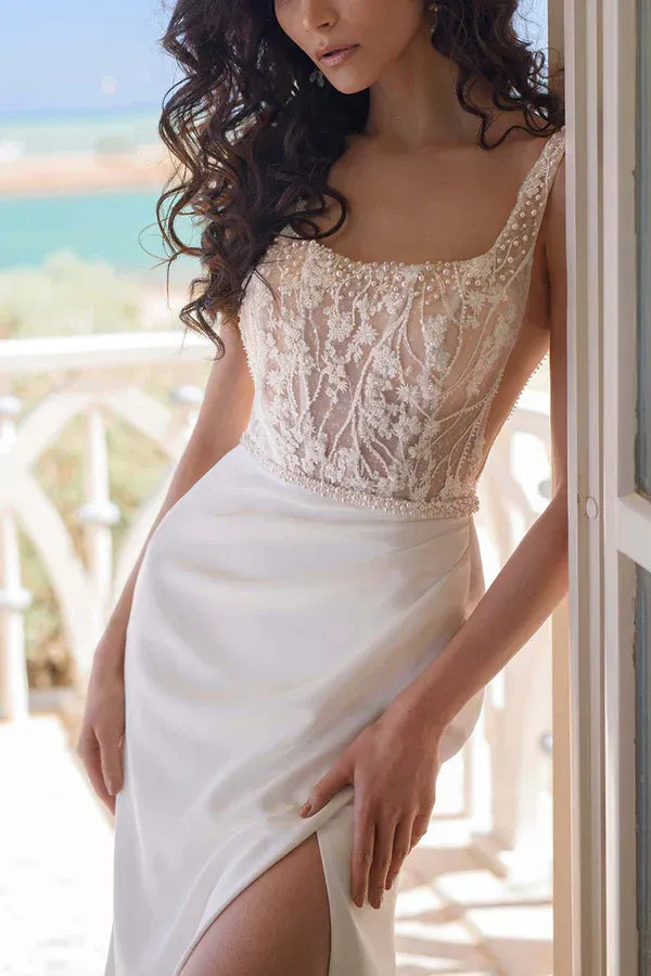 Alluring Square-Neck Sleeveless A-Line Floor-Length Wedding Dress
