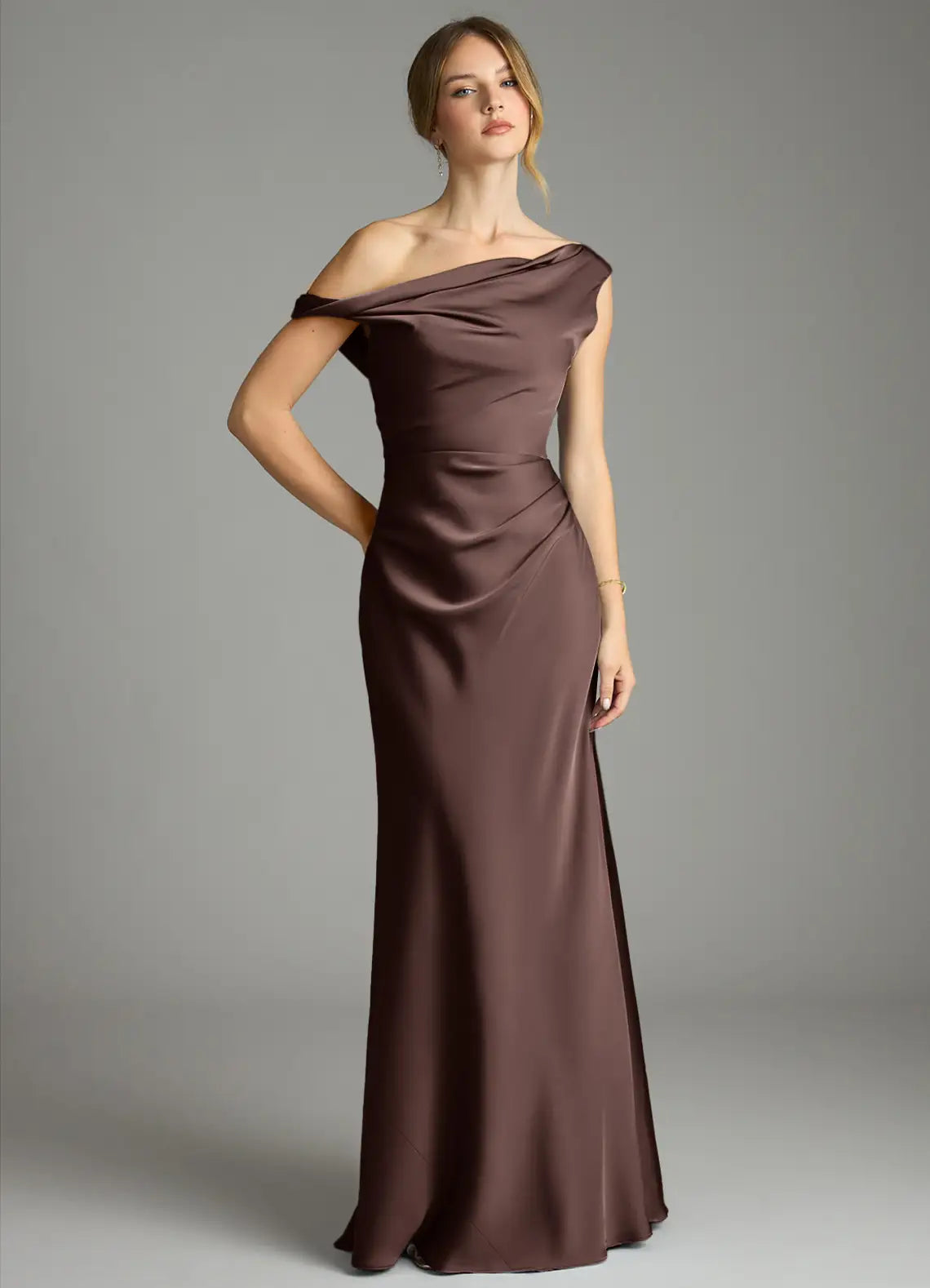 Asymmetric Off-Shoulder Satin Mermaid Floor-Length Bridesmaid Dress