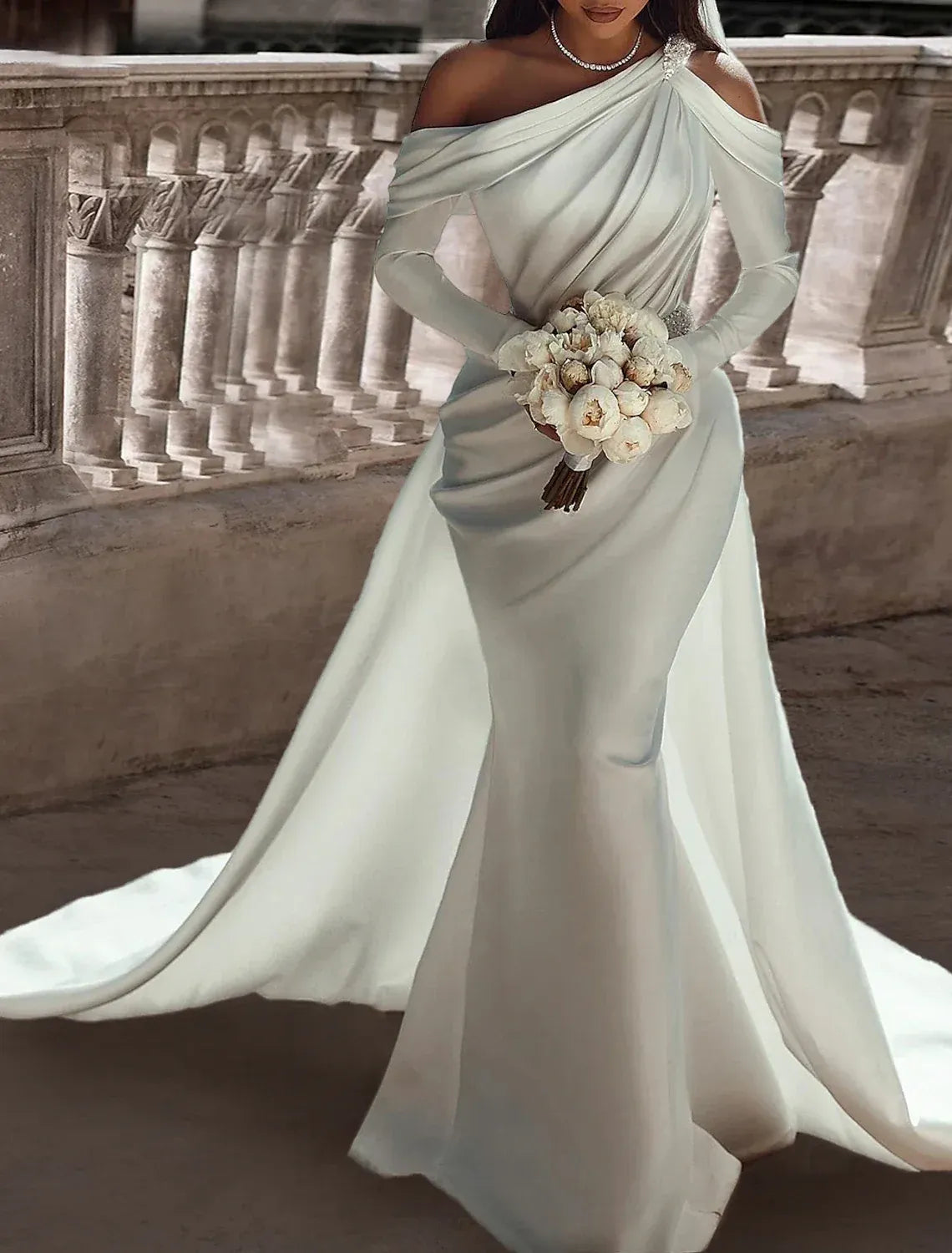 Asymmetric Off‑The‑Shoulder Long‑Sleeve Satin Mermaid Wedding Dress With Beaded Waist & Overskirt