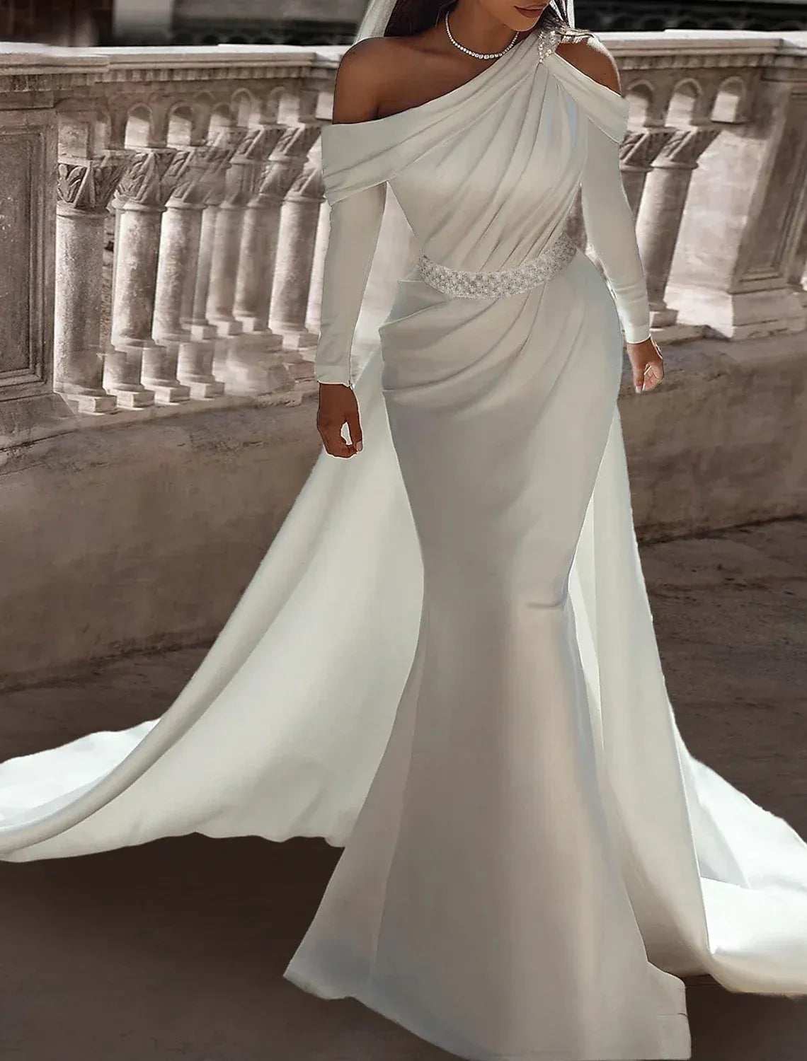 Asymmetric Off‑The‑Shoulder Long‑Sleeve Satin Mermaid Wedding Dress With Beaded Waist & Overskirt