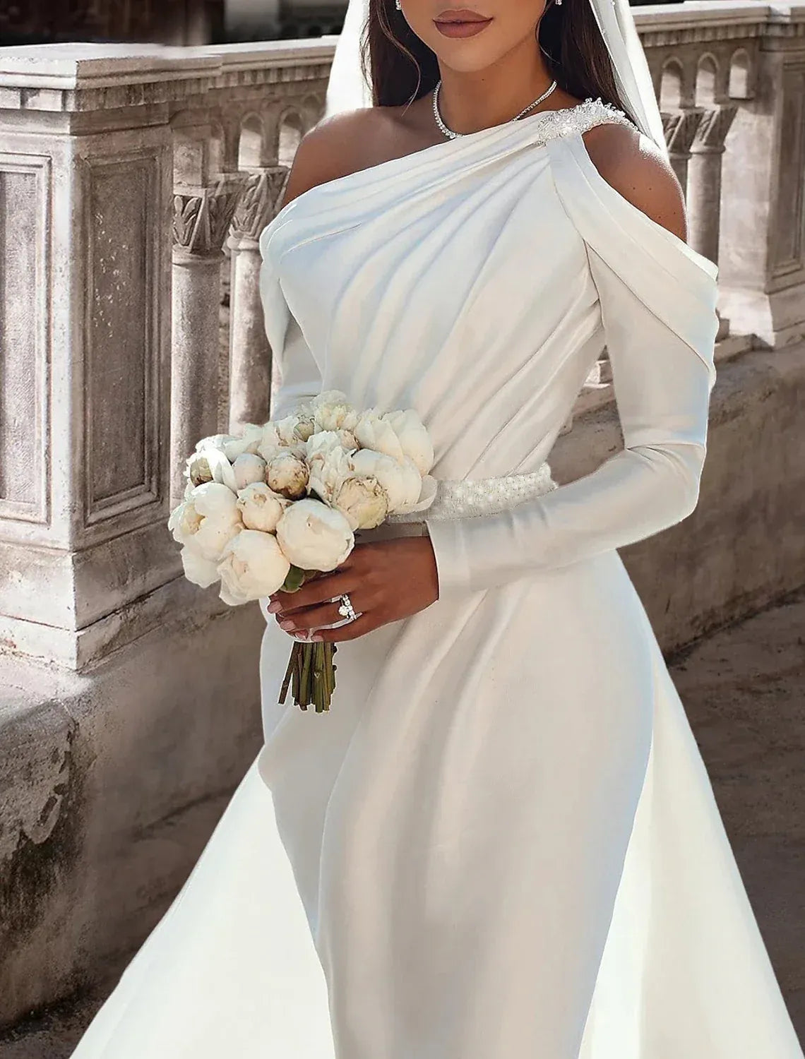 Asymmetric Off‑The‑Shoulder Long‑Sleeve Satin Mermaid Wedding Dress With Beaded Waist & Overskirt