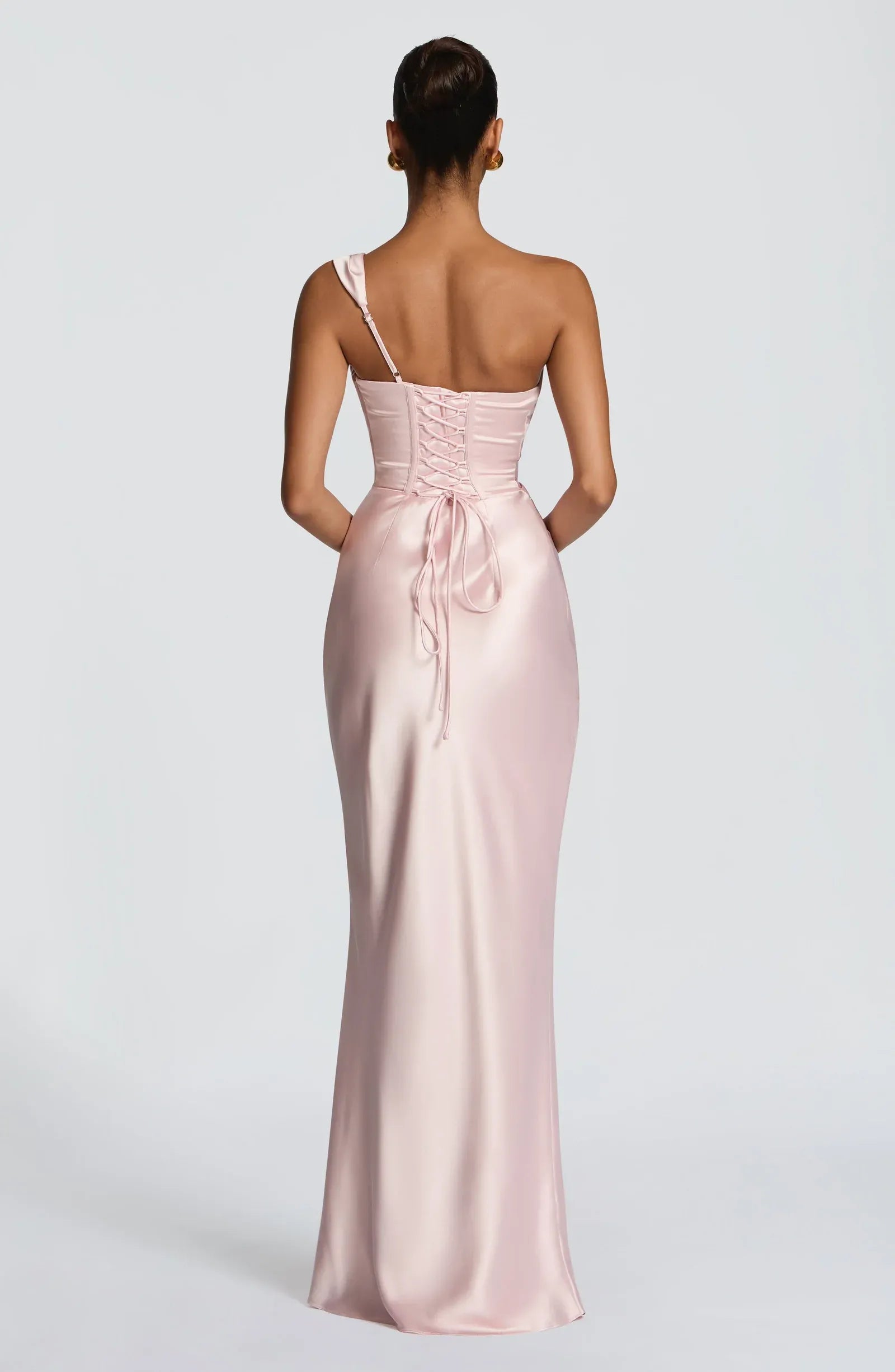 Asymmetric One Shoulder Cowl Neck Back Lace Up Blush Satin Mermaid Maxi Wedding Guest Dresses
