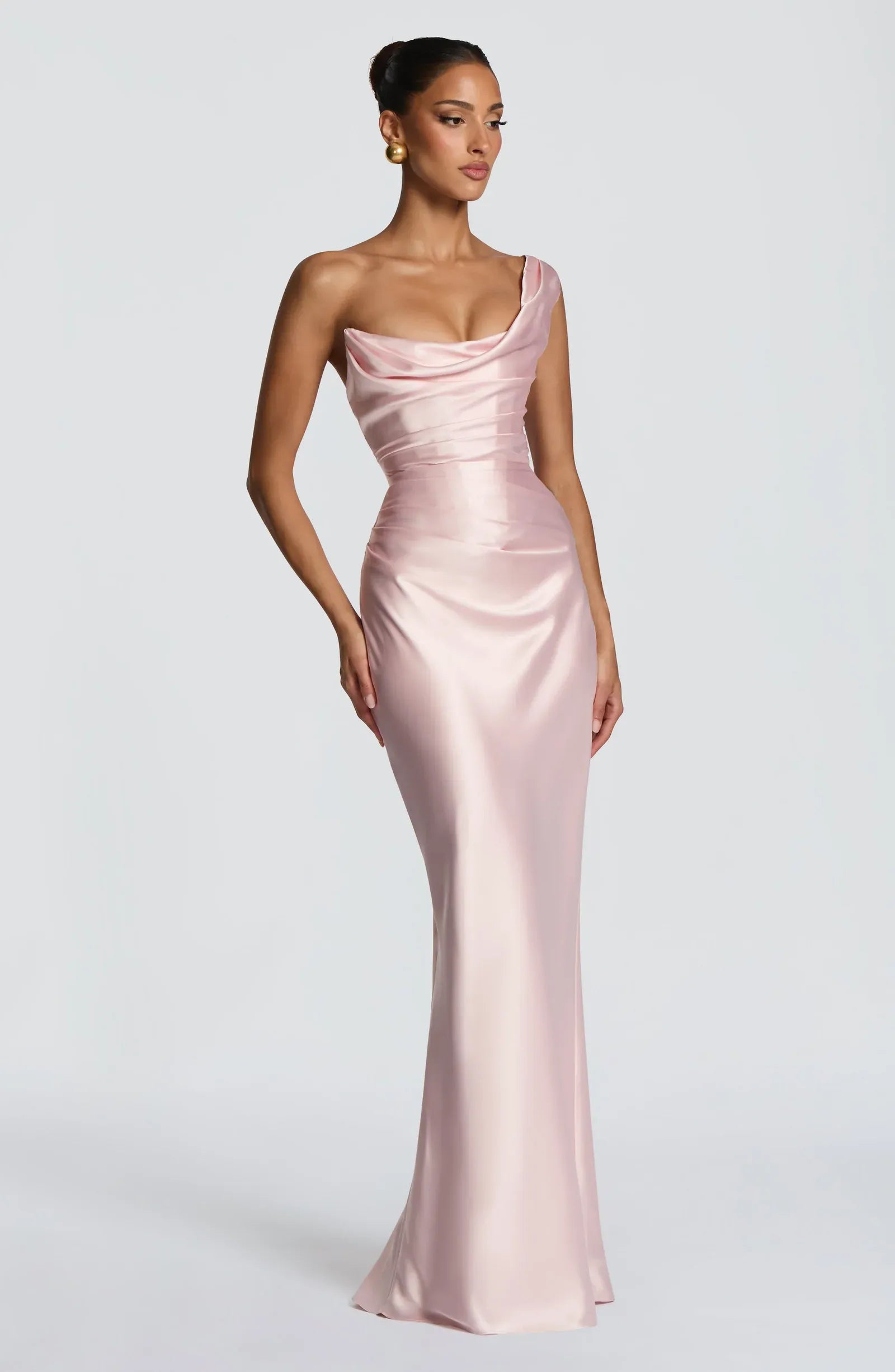 Asymmetric One Shoulder Cowl Neck Back Lace Up Blush Satin Mermaid Maxi Wedding Guest Dresses
